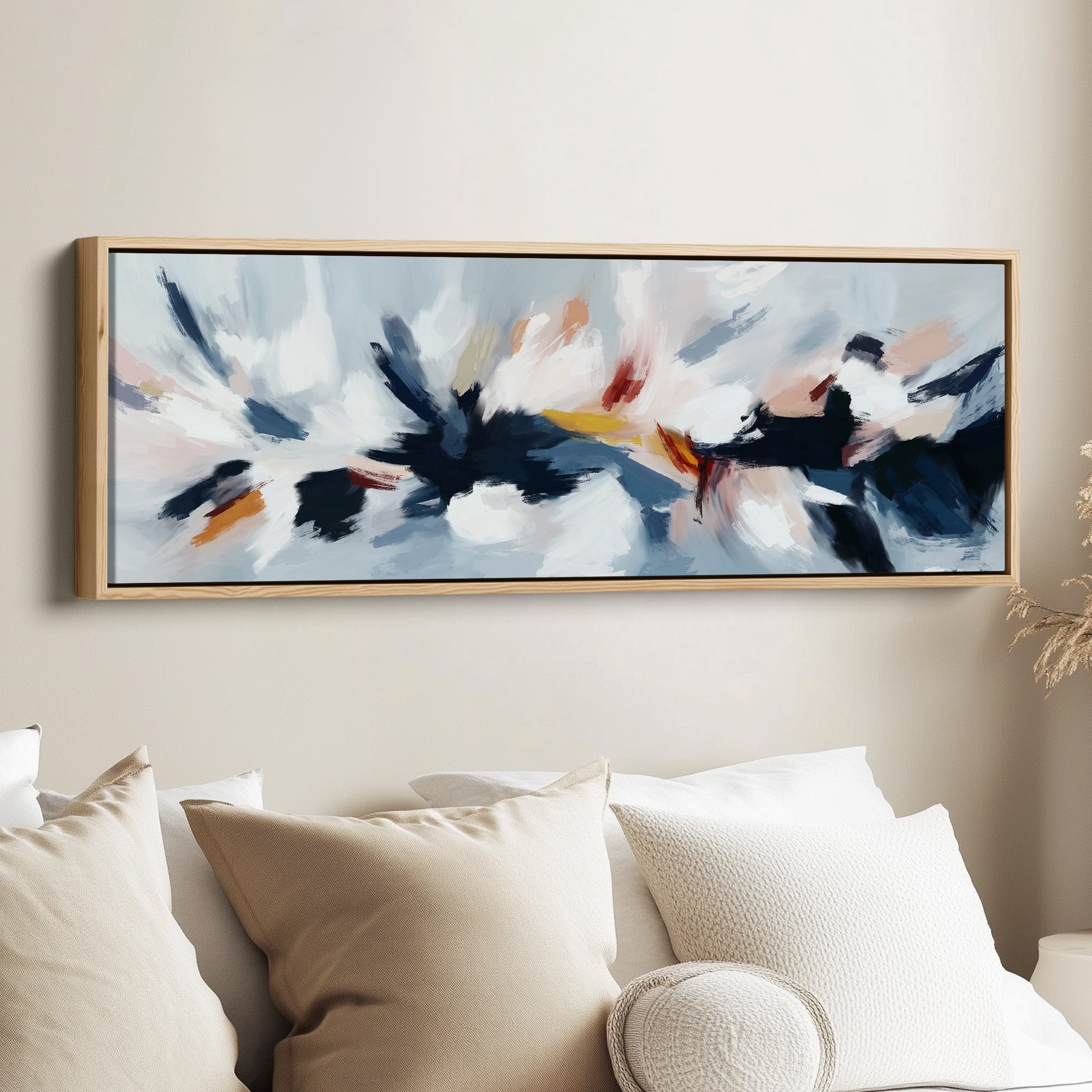 Abstract Blue, White & Pink Horizontal Long Wall Art