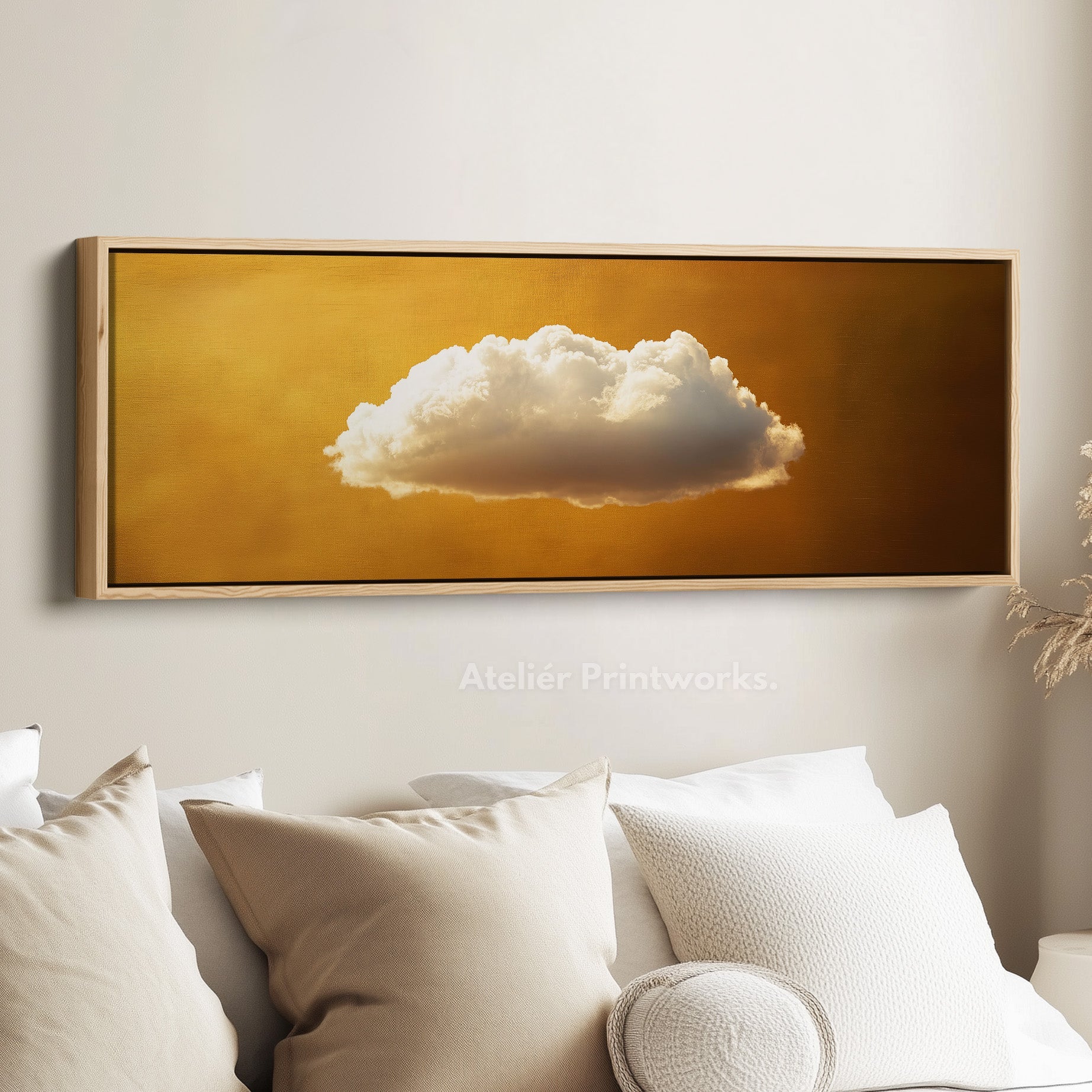 Above Bed Wall Art - Floating Golden Cloud Minimalist Horizontal Wall Art