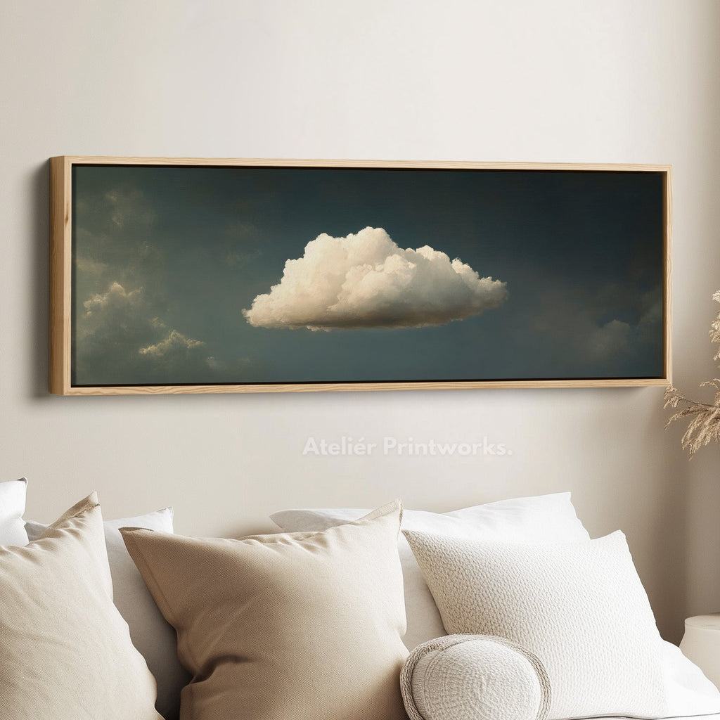 Above Bed Wall Art - Floating Blue & Green Cloud Minimalist Horizontal Wall Art