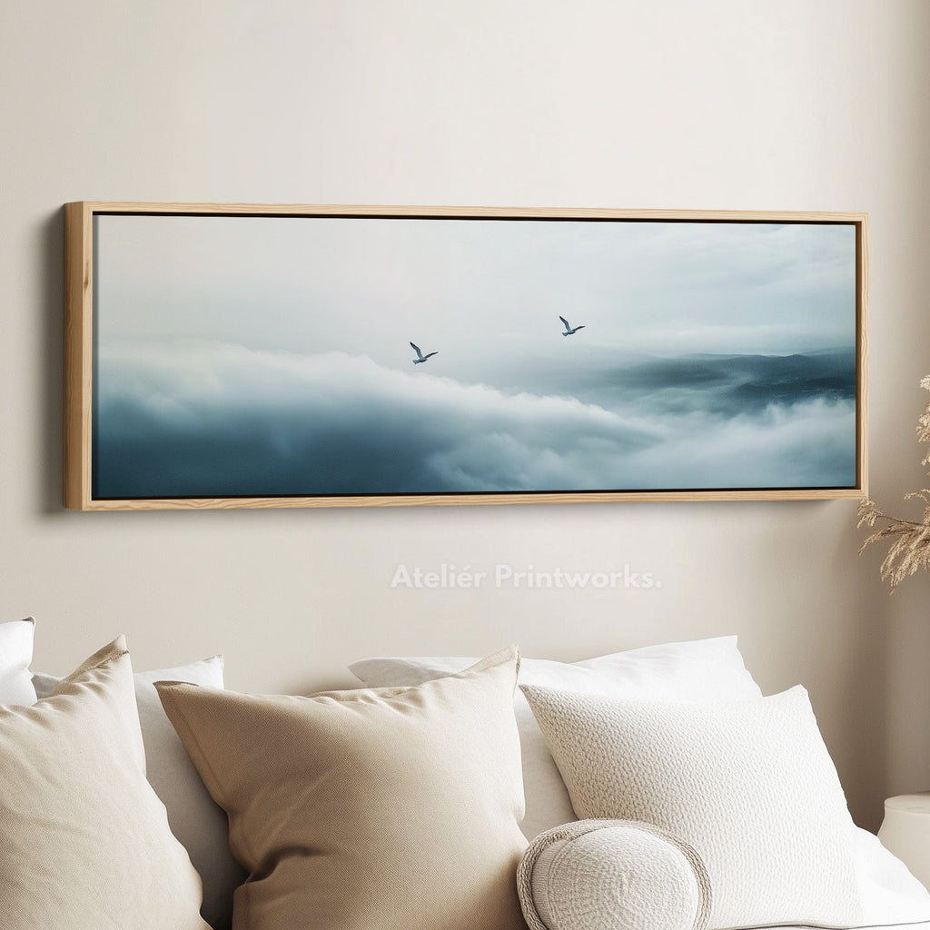 Panoramic Minimalist Cloud Long Narrow Wall Art Large Framed Canvas