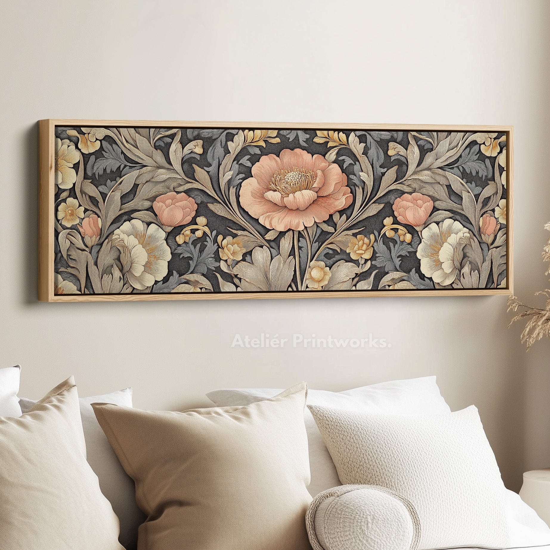 Vintage Floral Pattern Large Framed Canvas Long Narrow Horizontal Wall Art