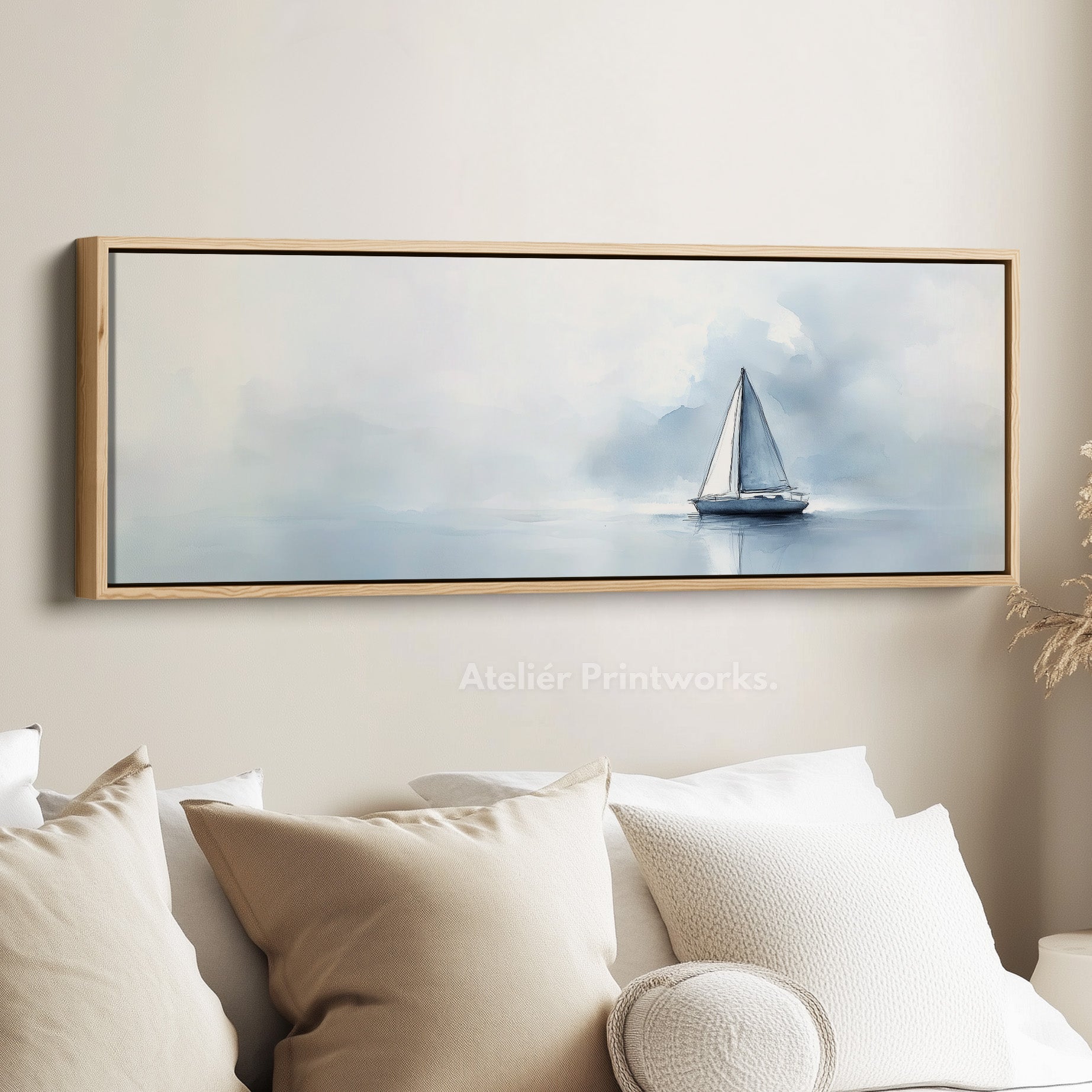 Sailboat Watercolour Large Framed Long Canvas Horizontal Wall Art
