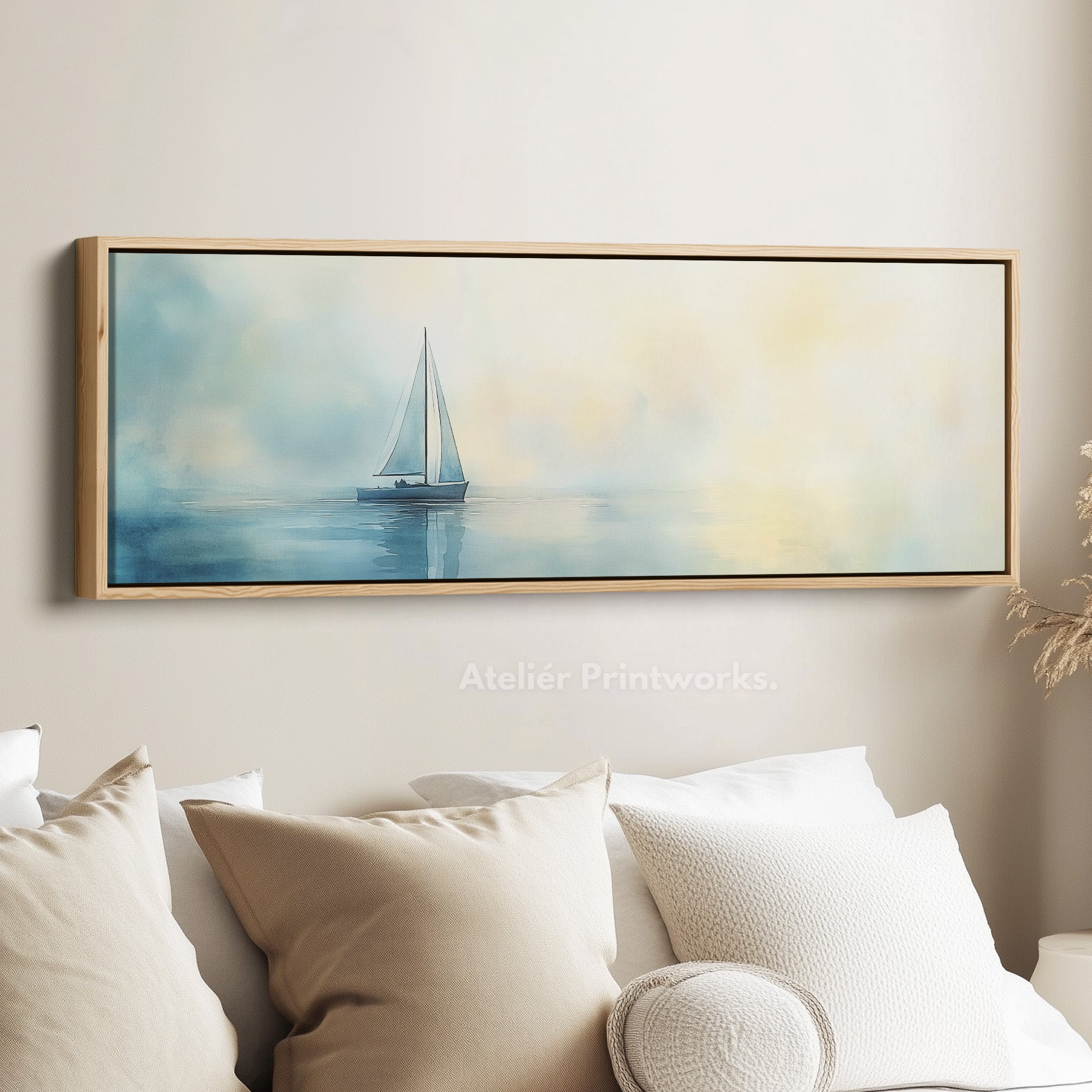 Calming Watercolour Sailboat Large Framed Long Canvas Horizontal Wall Art