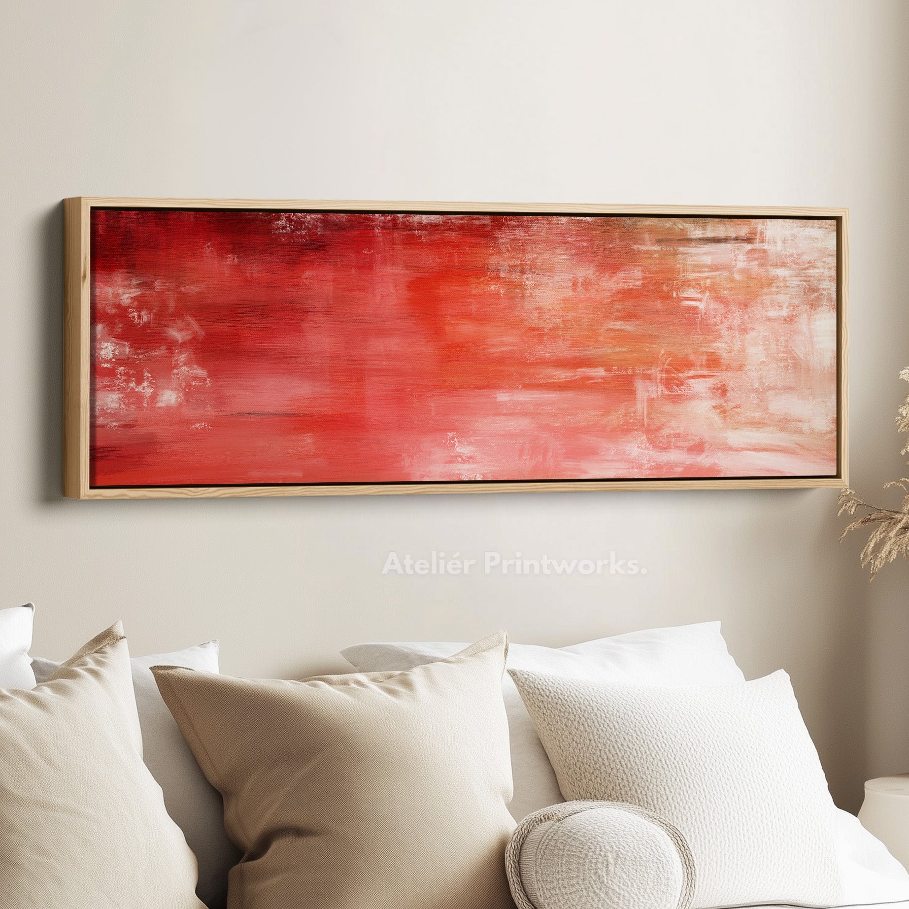 Abstract Red Long Horizontal Wall Art, Panoramic Wall Art Wide Wall Art