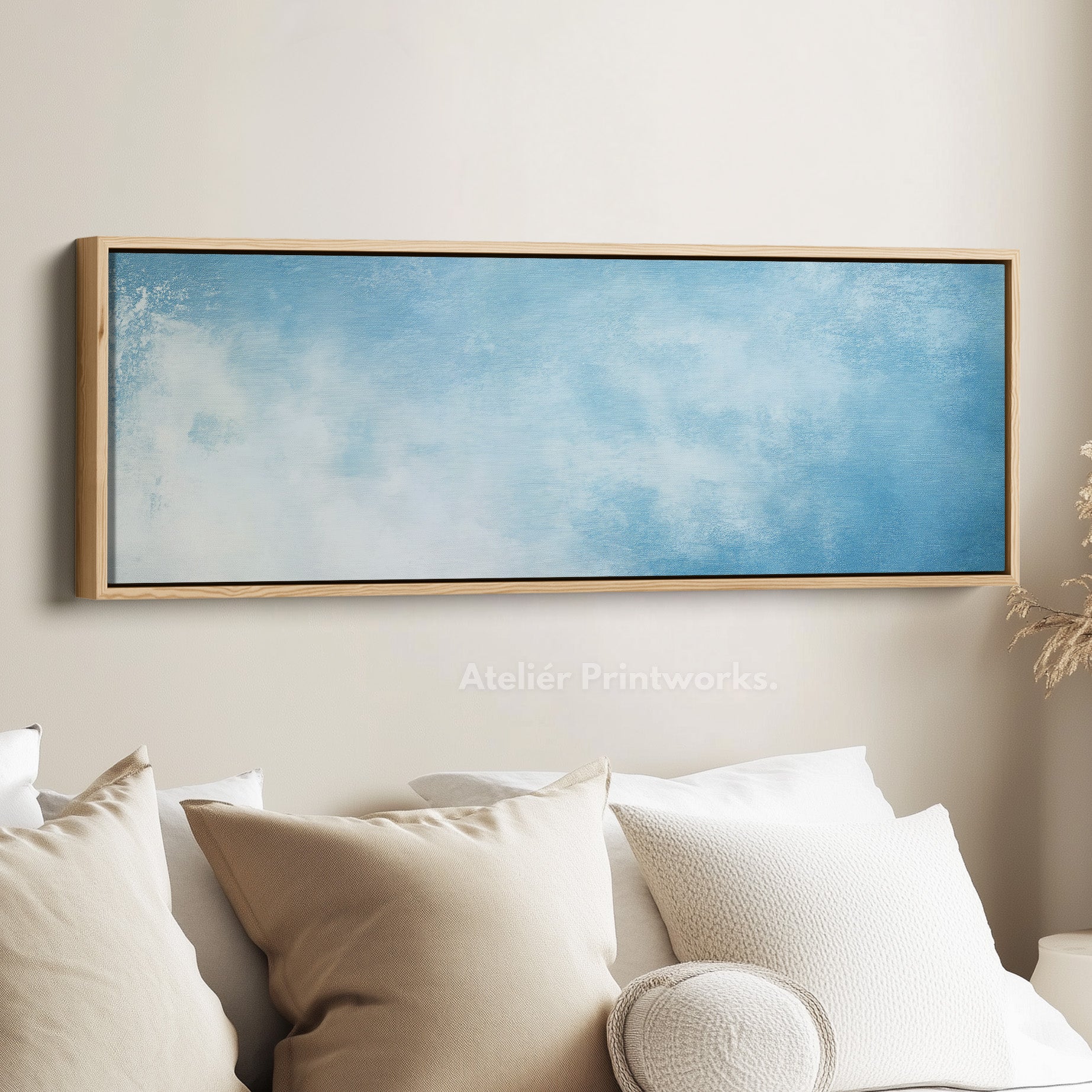 Minimalist Light Blue Long Horizontal Wall Art Panoramic Wall Decor
