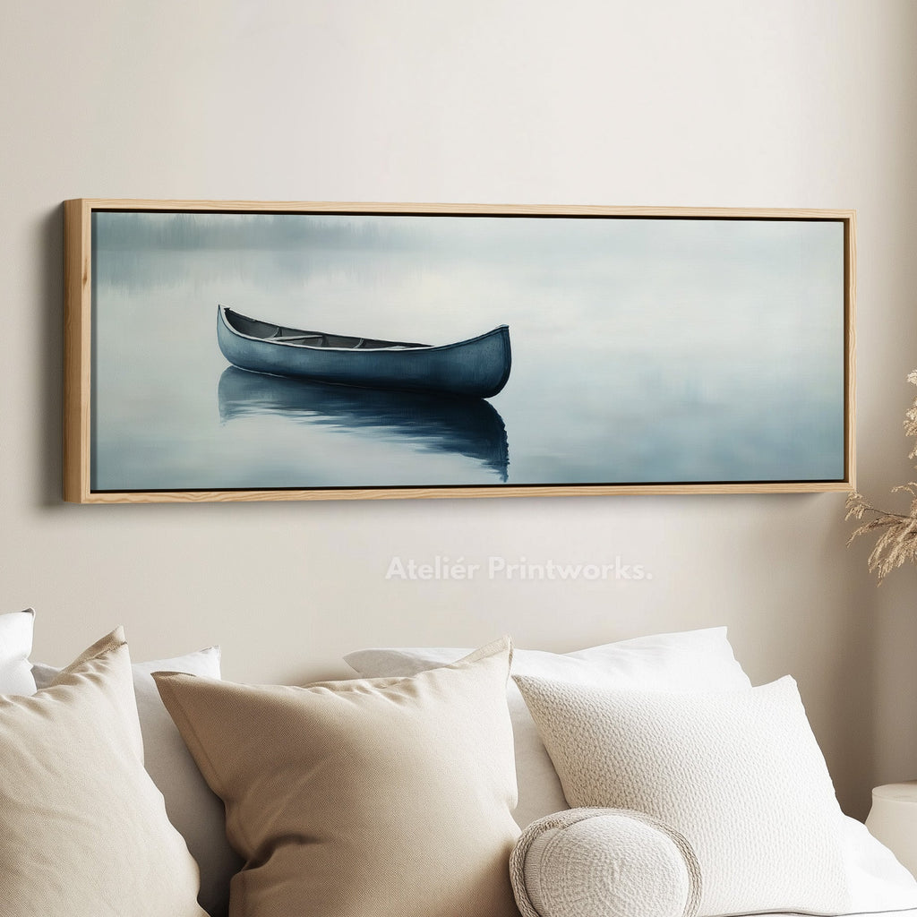 Misty Lake Canoe Wide Framed Above Bed Wall Art