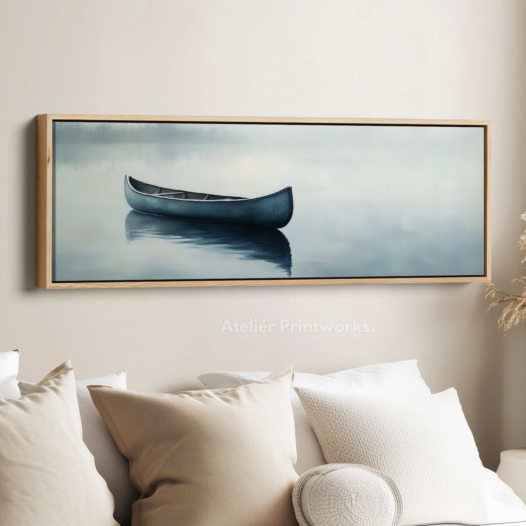 Misty Lake Canoe Wide Framed Above Bed Wall Art