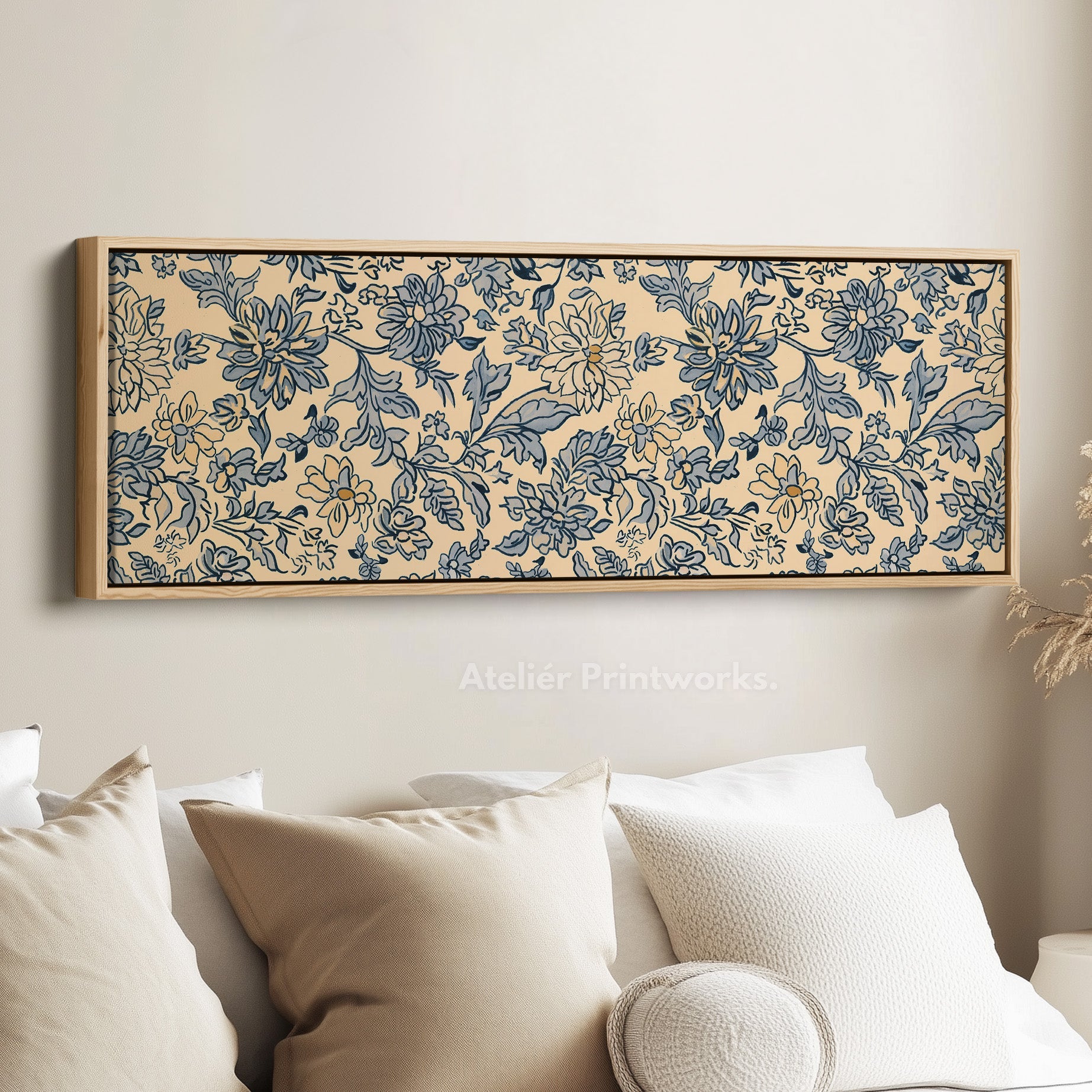 Vintage Blue & Beige Panoramic Large Framed Wall Decor