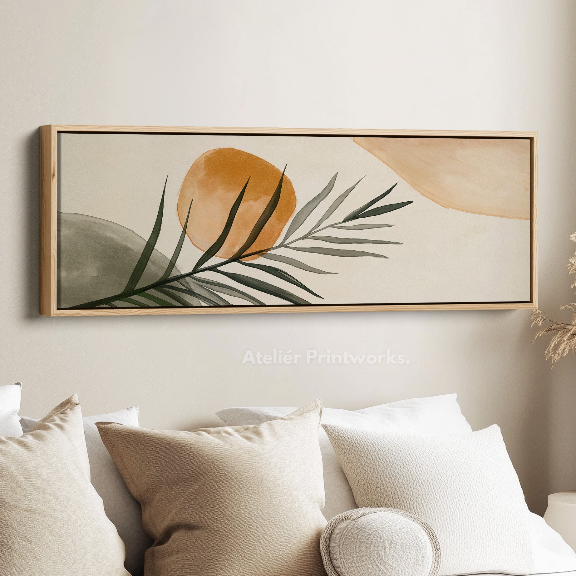 Beige & Green Botanical Panoramic Large Framed Wall Decor