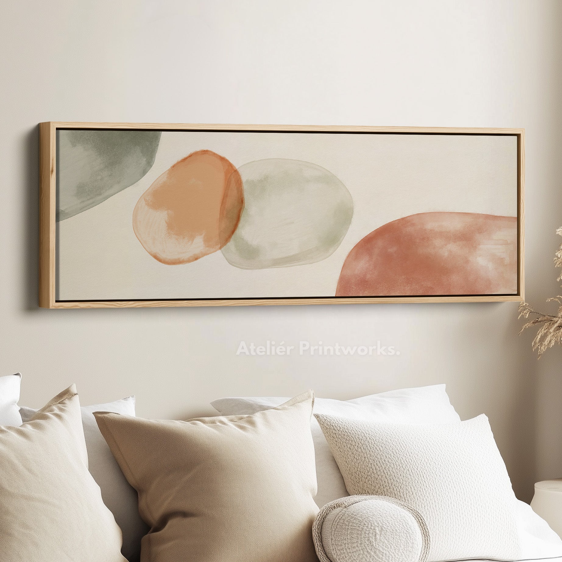 Beige & Green Abstract Panoramic Large Framed Wall Decor