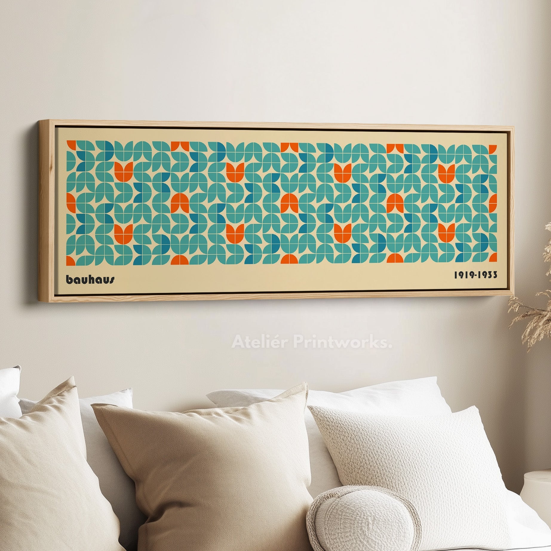 Horizontal Long Wall Art Beige Bauhaus Geometric