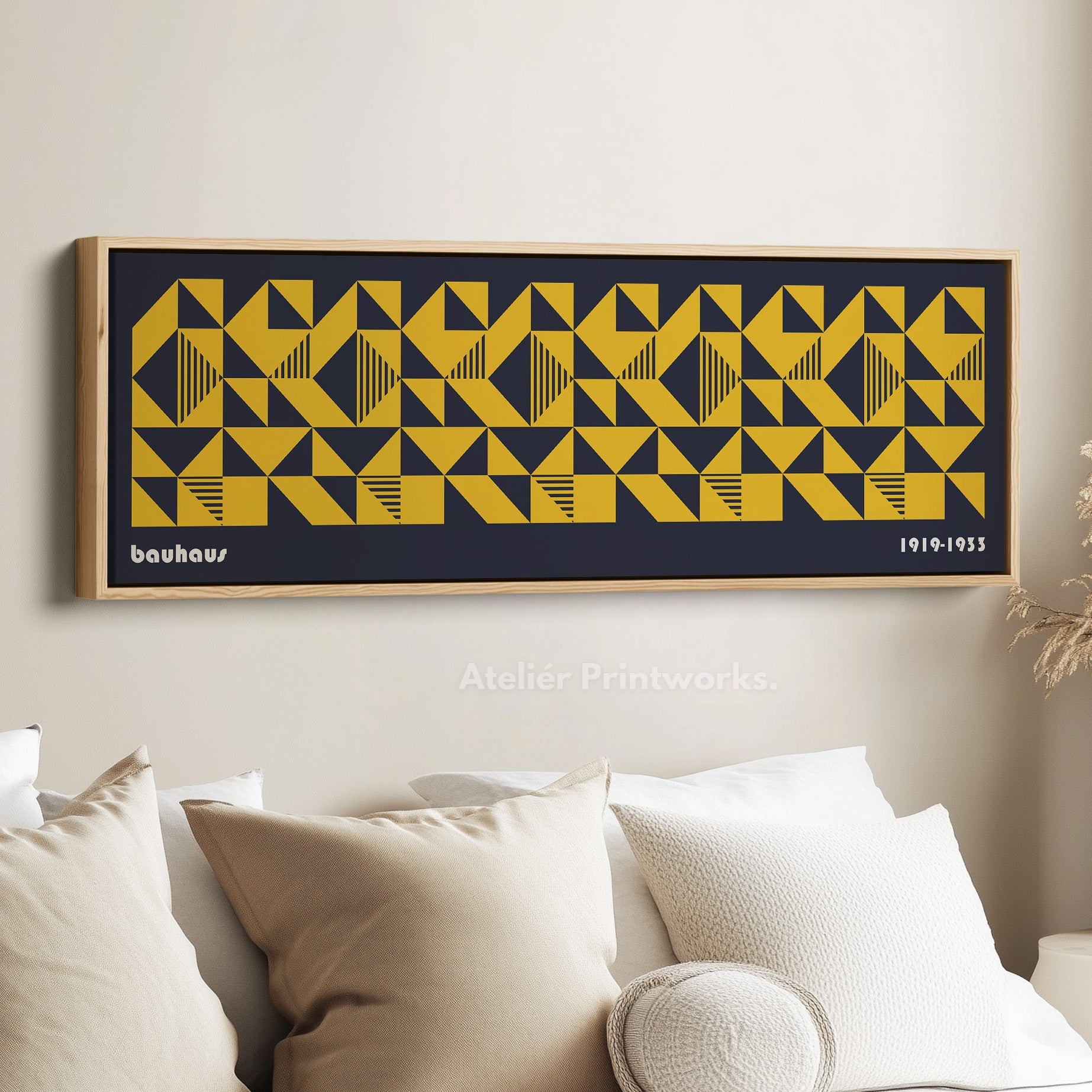 Dark Blue Bauhaus Long Skinny Panoramic Framed Canvas Wall Art
