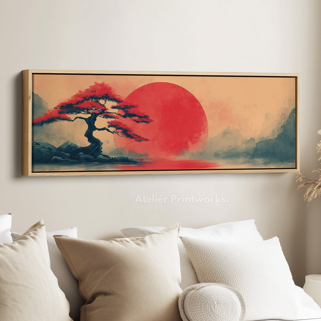 Bonsai Tree with Red Sun – Long Narrow Japanese Landscape Canvas - Japandi Wall Art