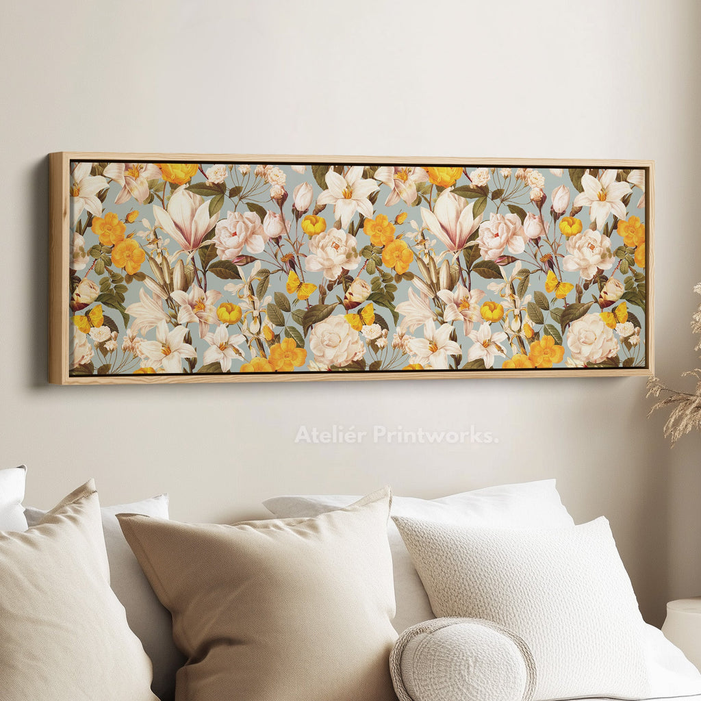 Wide Tropical Floral Parrot Canvas Art for Living Room or Hallway