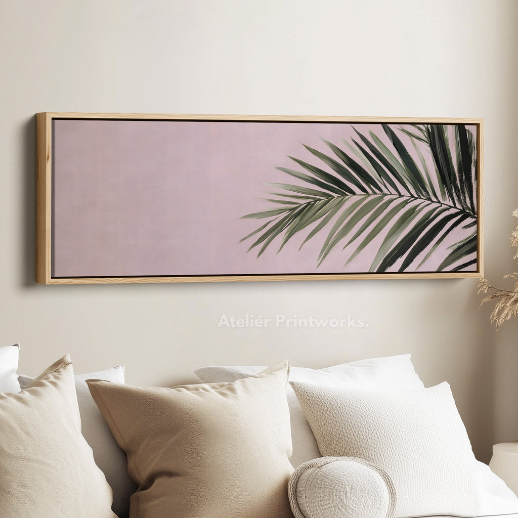 Panoramic wall art minimal palm leaf on soft pastel background for living room or bedroom