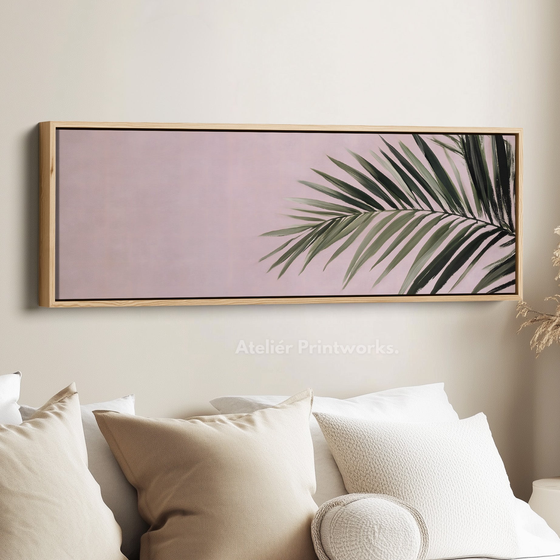Panoramic wall art minimal palm leaf on soft pastel background for living room or bedroom