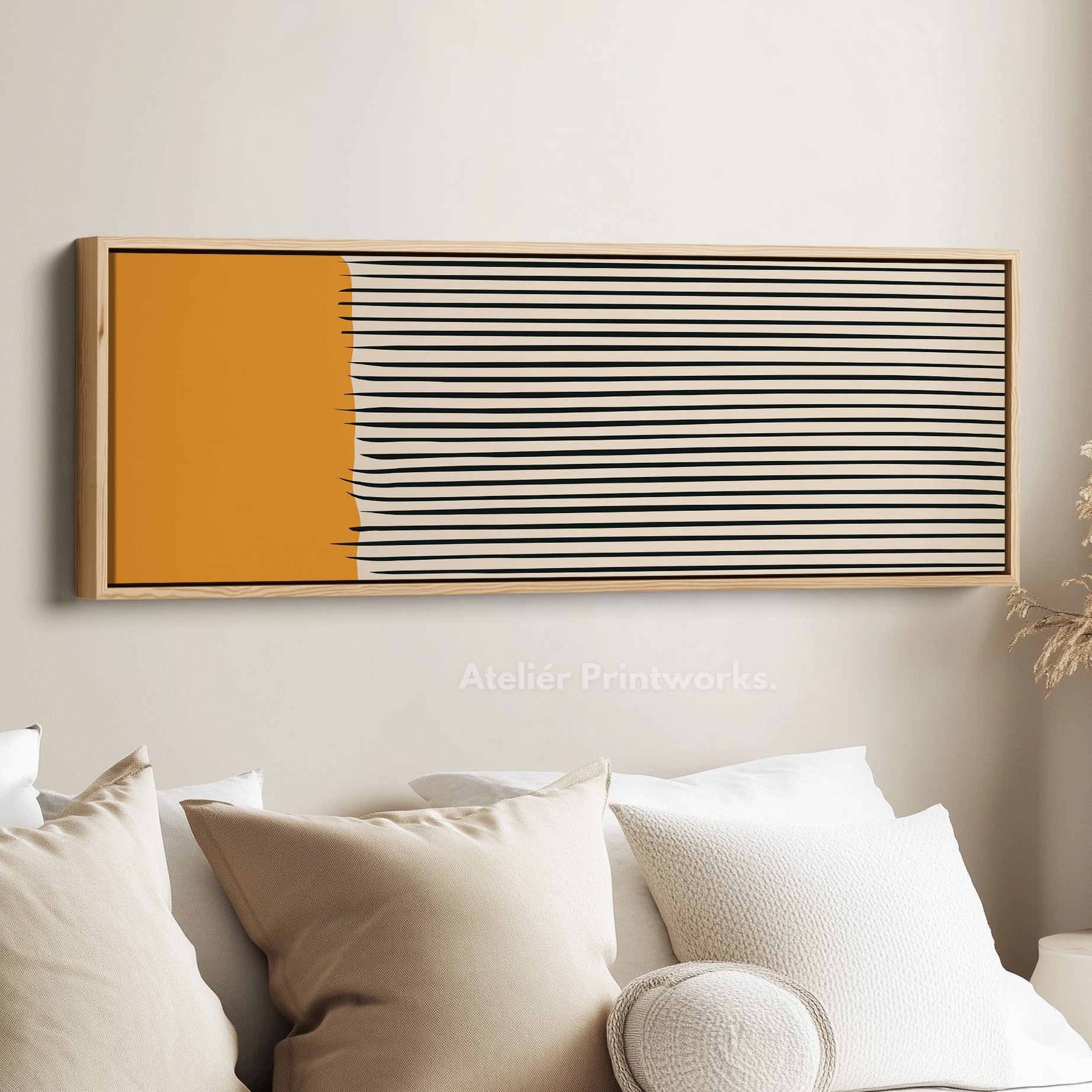 Long Narrow Canvas Beige Black Orange Horizontal Wall Art For Bedroom