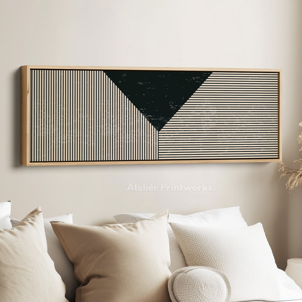 Long Framed Canvas Black Beige Geometric Wide Wall Art