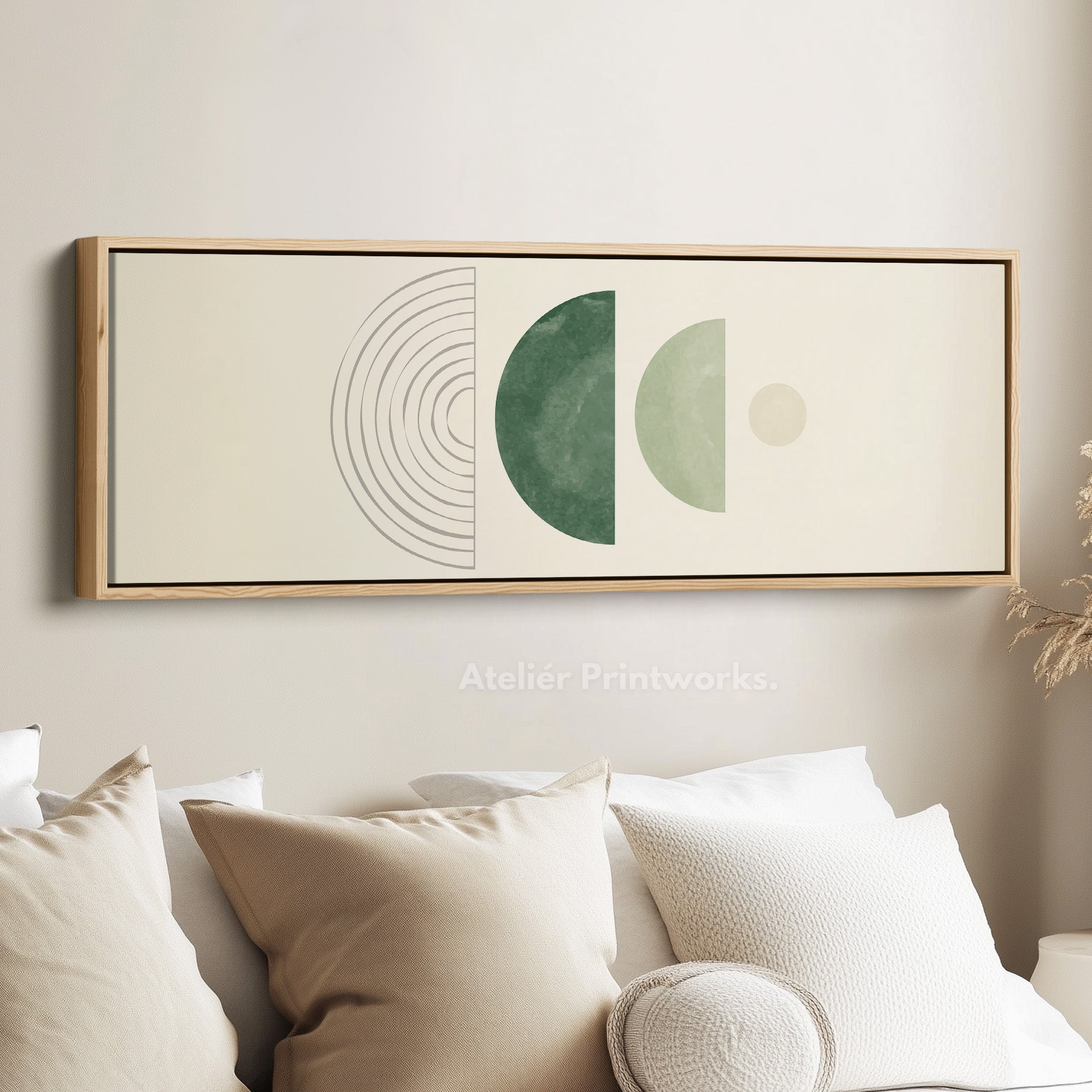 Above Bed Art Soft Green Circles And Lines For Calm Bedrooms