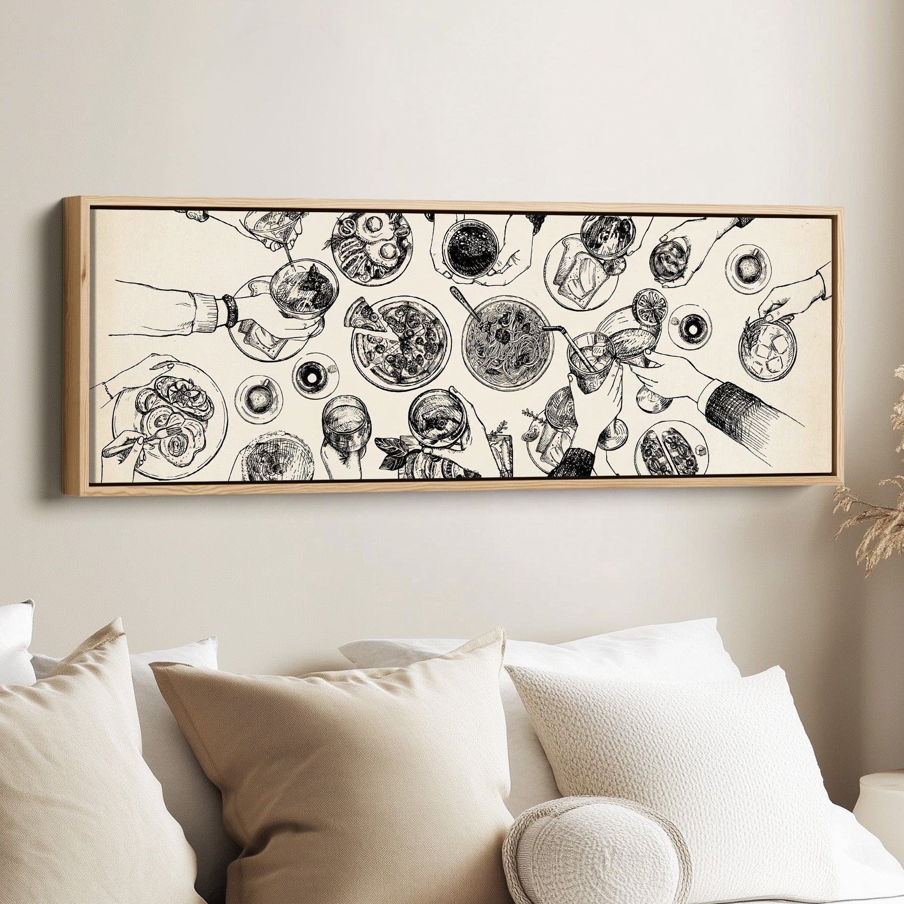 Horizontal Wall Art Overhead Dining Table Illustration Framed Canvas Print For Kitchen