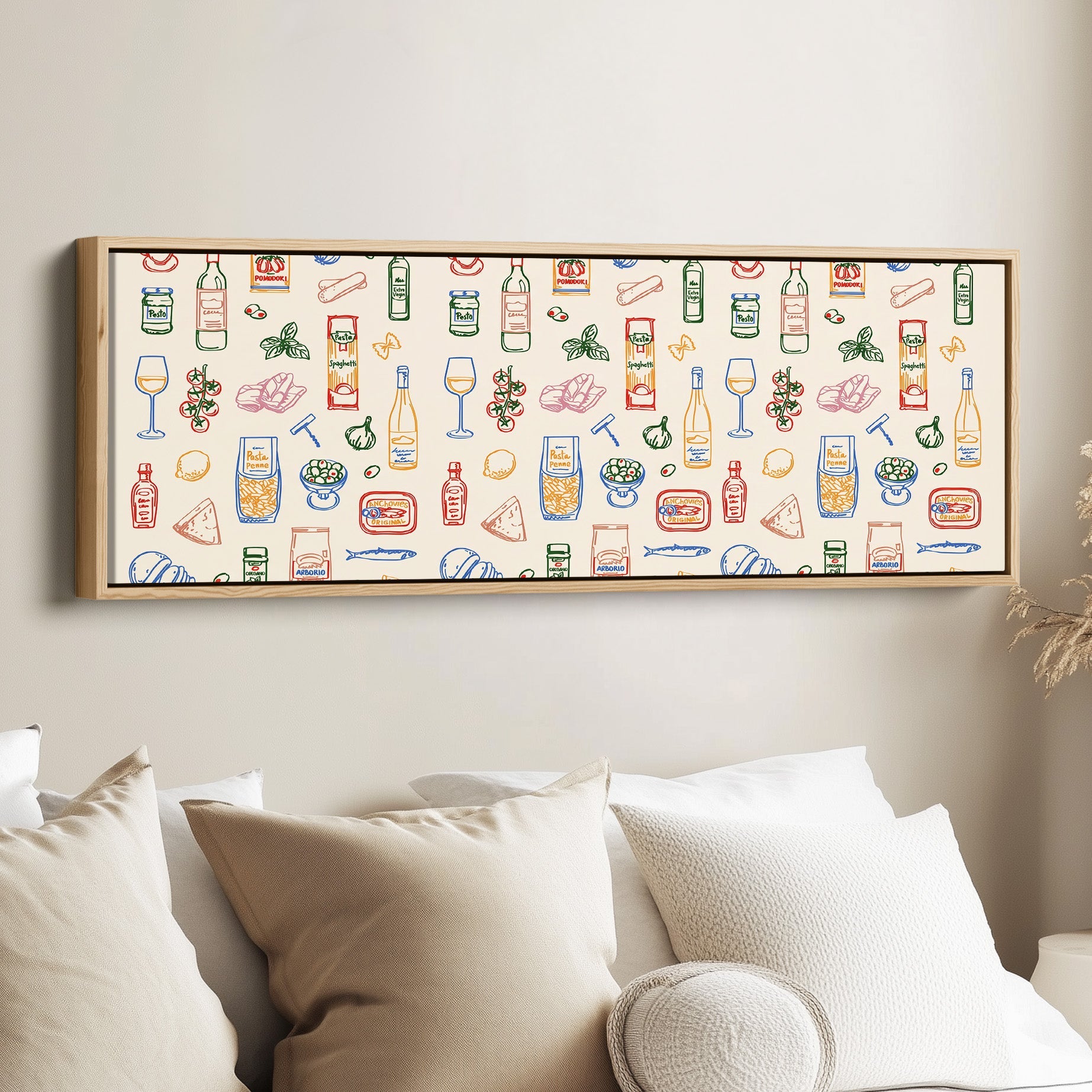 Panoramic Wall Art Italian Food Line Pattern Long Canvas For Kitchen