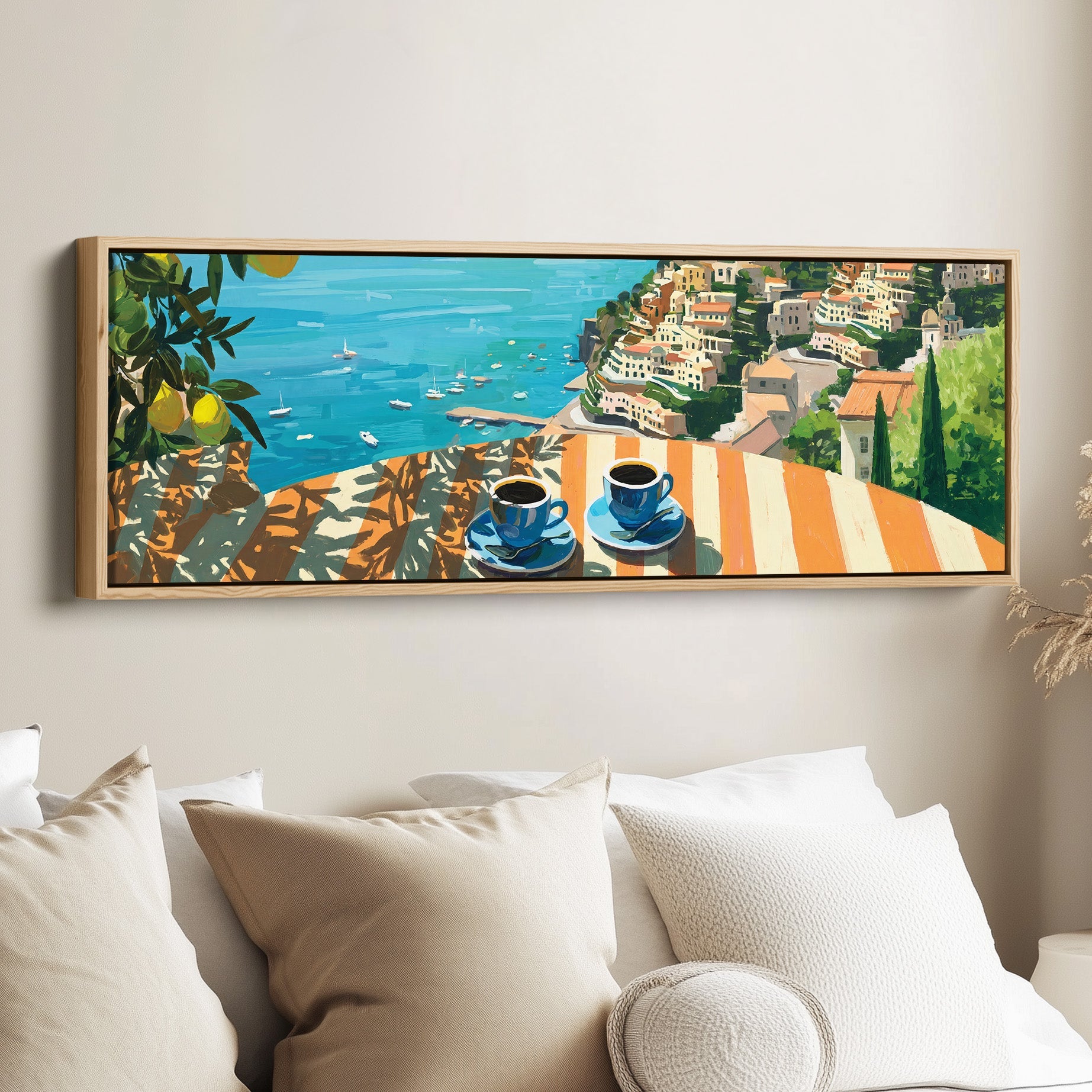 Horizontal Wall Art Coastal Terrace Coffee Scene Long Canvas For Kitchen