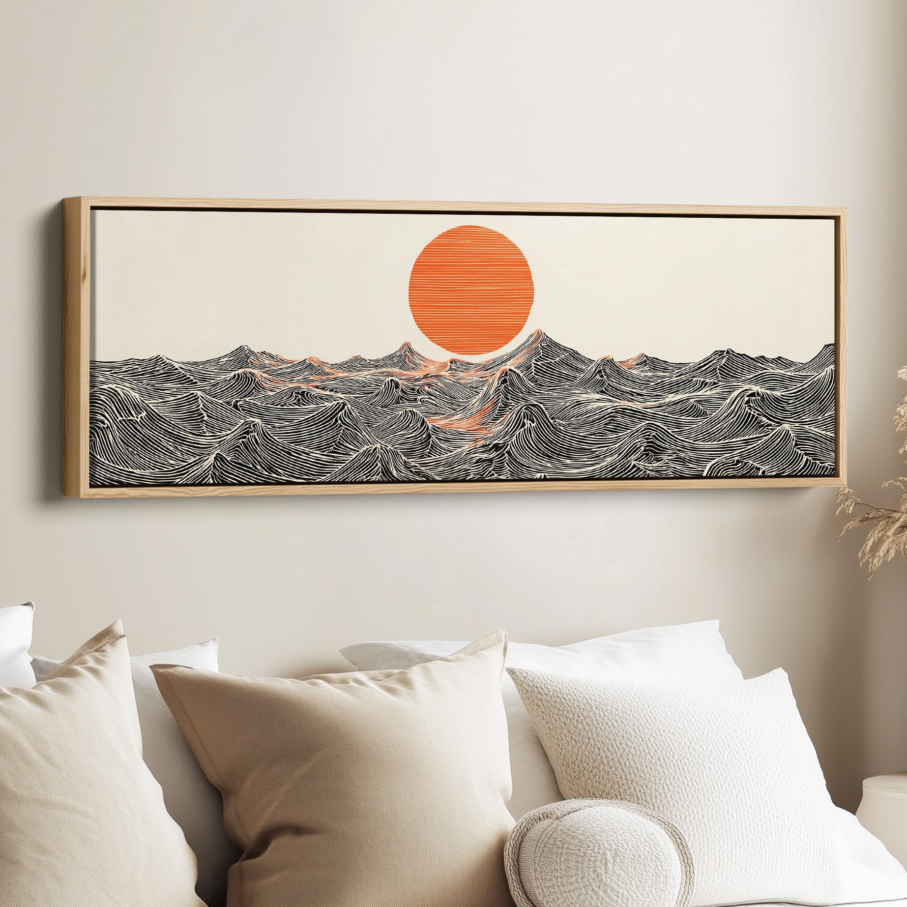 Horizontal Wall Art Stylised Ocean Waves Long Canvas For Bedroom