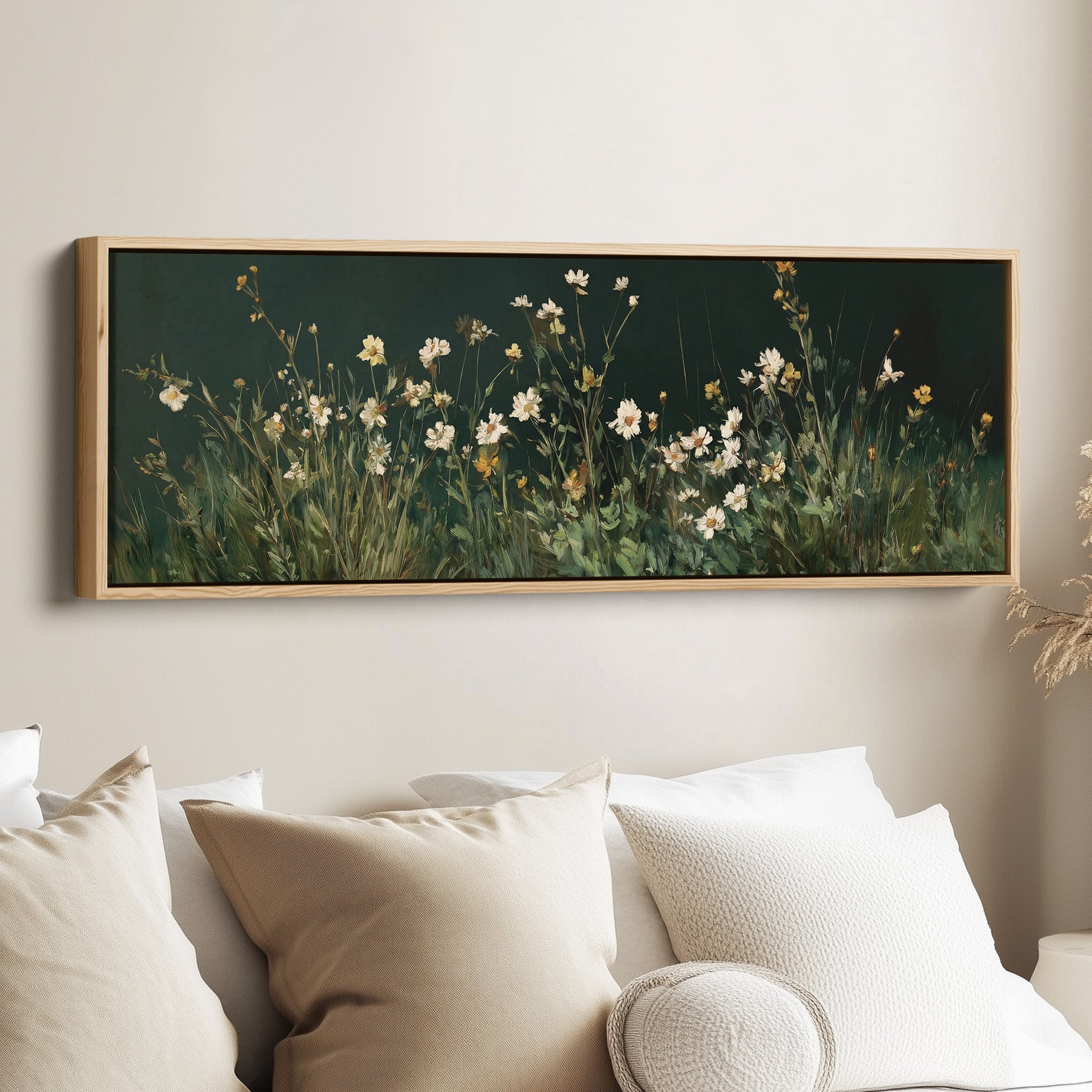 Long Framed Canvas White Wildflowers Long Canvas For Living Room