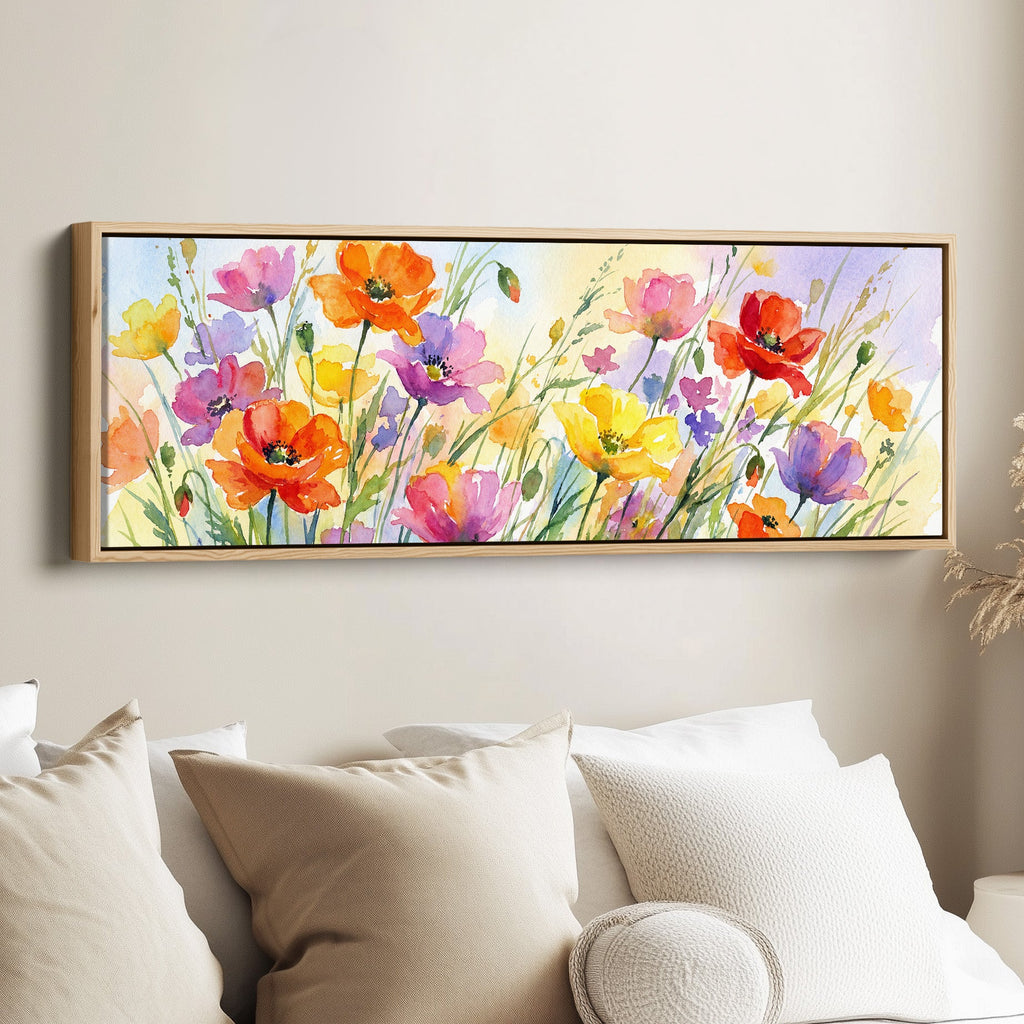 Horizontal Wall Art Watercolor Poppy Field Long Canvas For Living Room