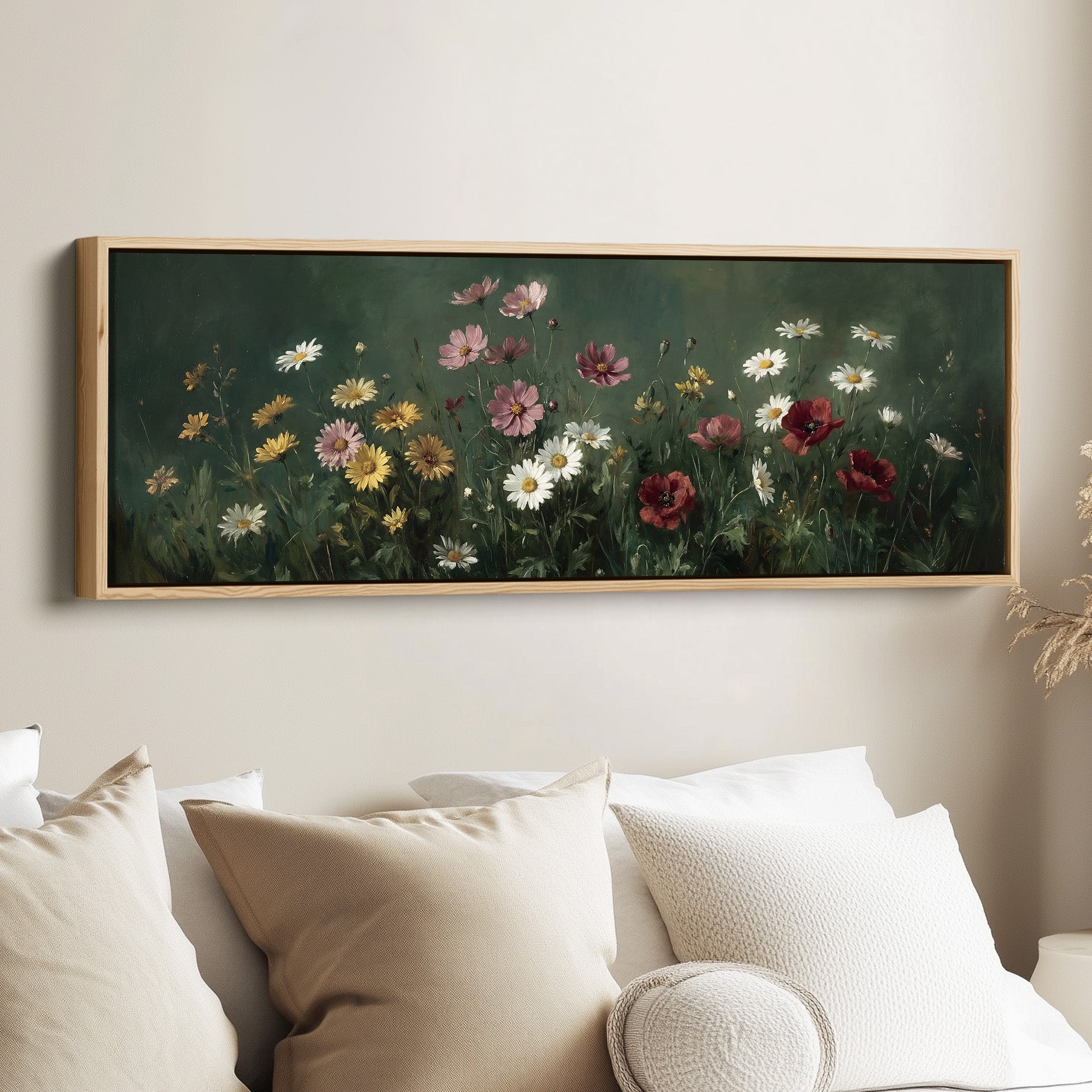 Long Framed Canvas Dark Meadow Daisies Long Canvas For Bedroom