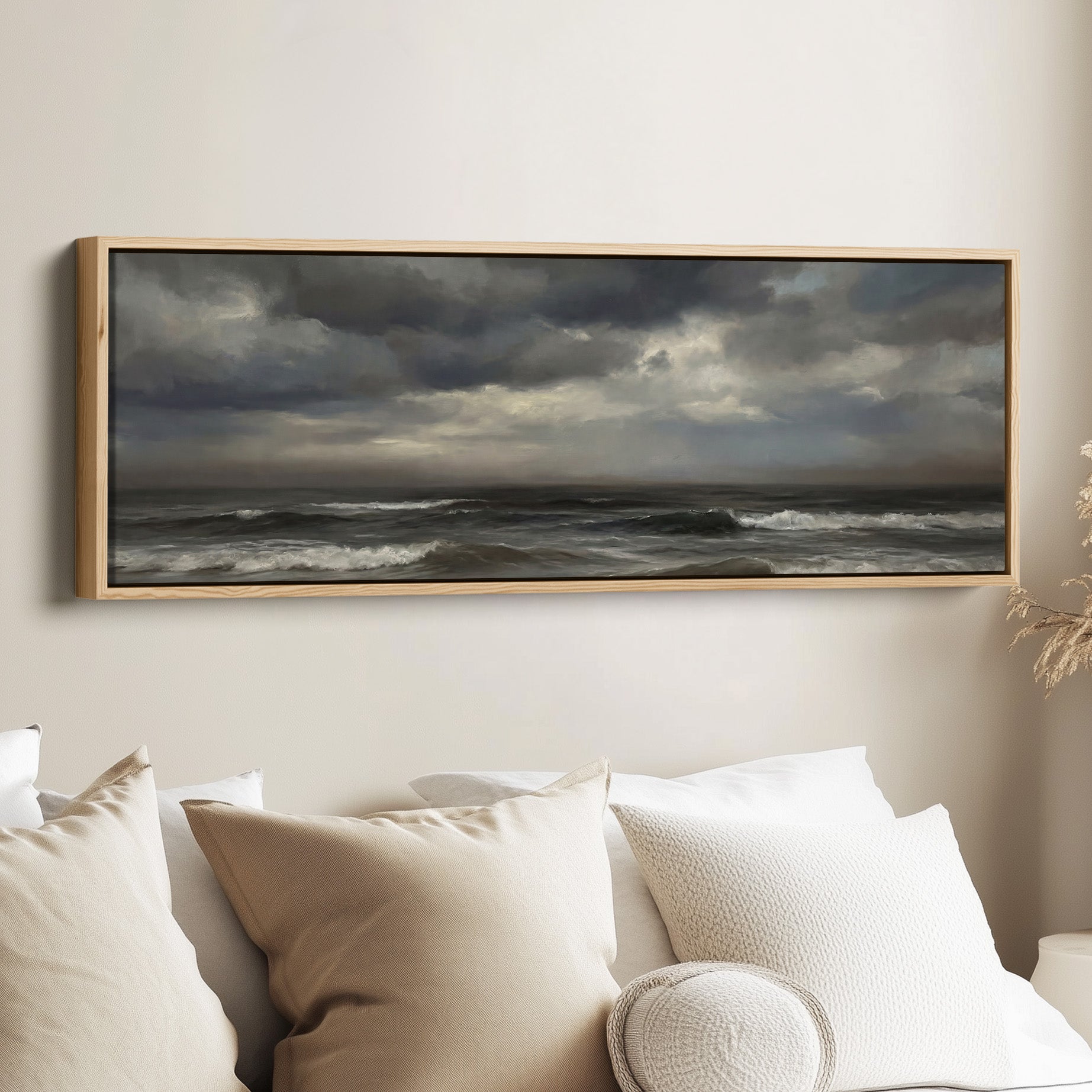 Wide Framed Canvas Breaking Waves Under Clouds Oversized Wall Decor Bedroom