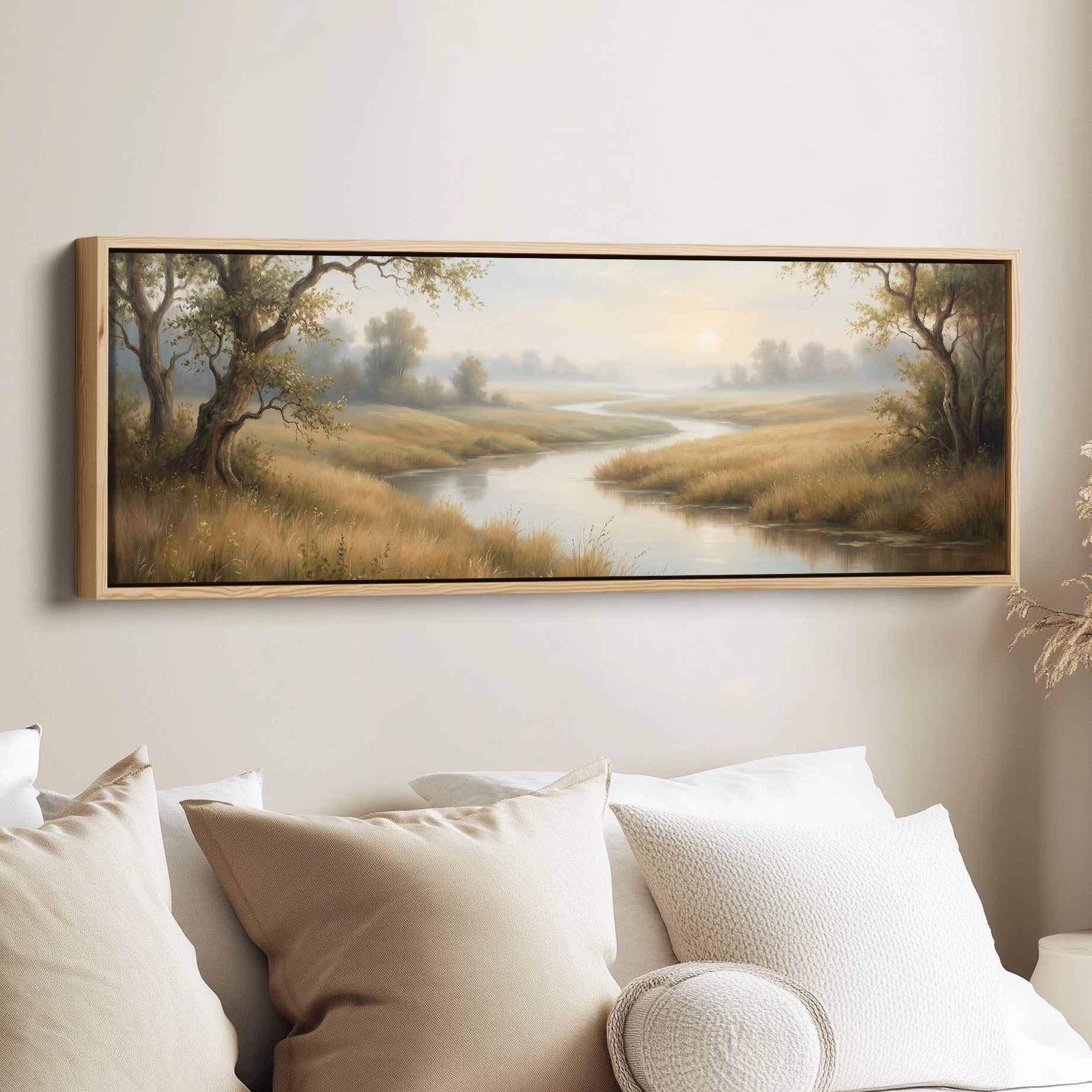 River Through Grassy Landscape Panoramic Wall Art Statement Wall Decor Living Room