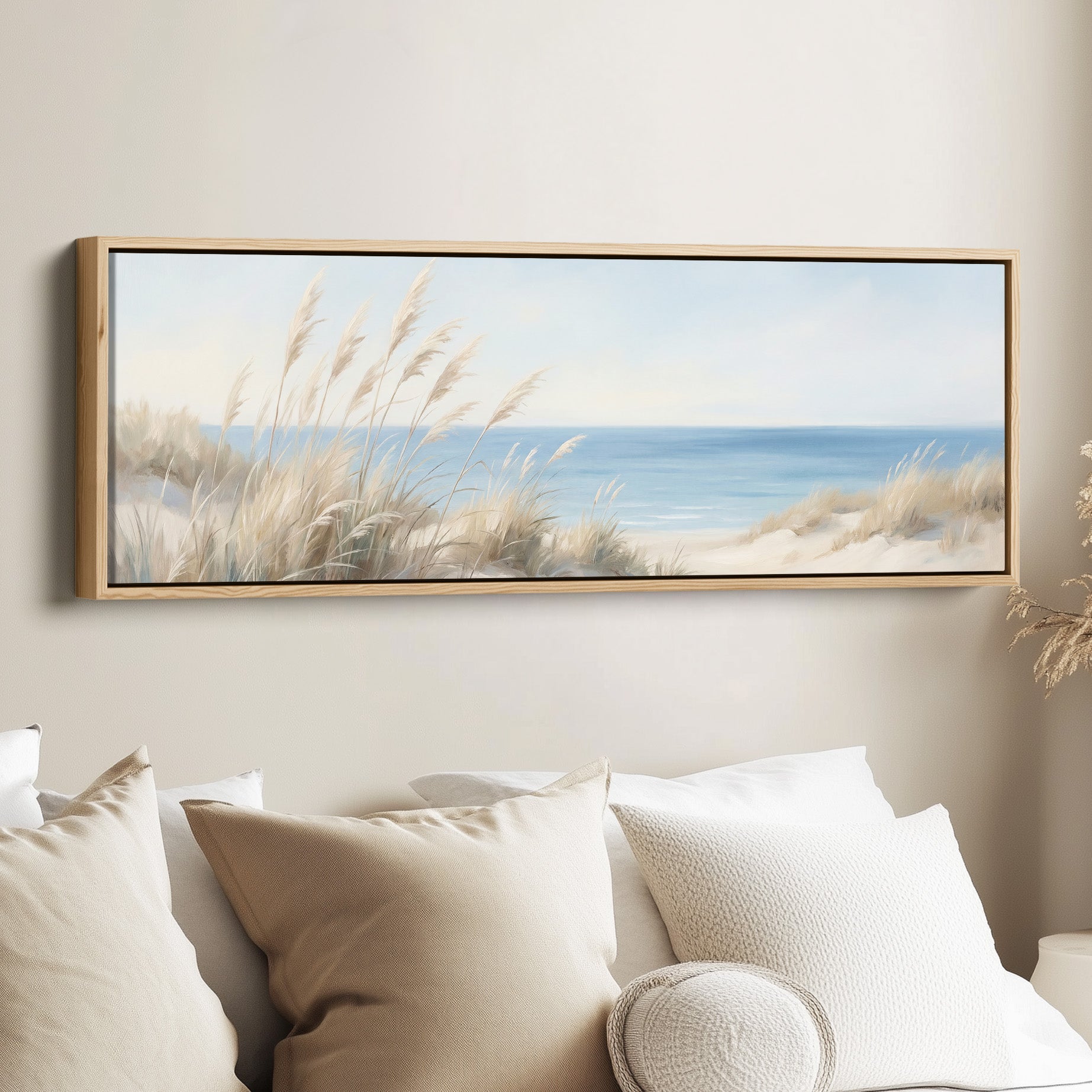 Beach Grasses And Blue Sea Long Wall Art Panoramic Canvas Print Bedroom
