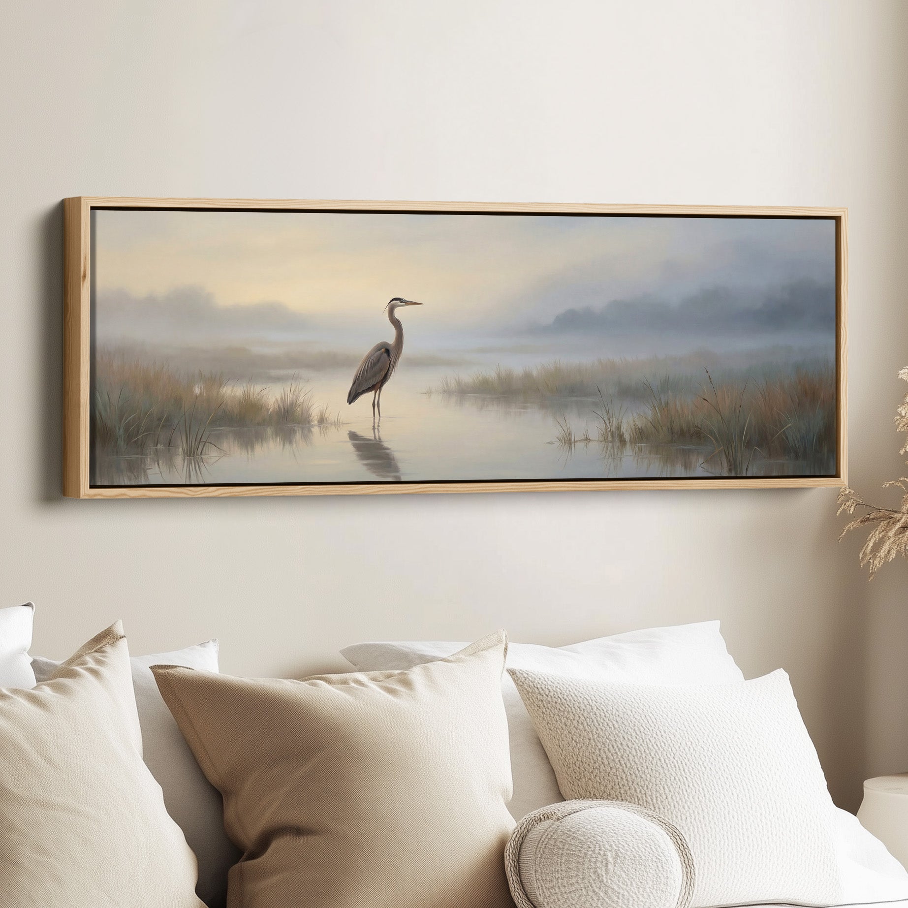Heron In Misty Marsh Panoramic Wall Art Statement Wall Decor Office