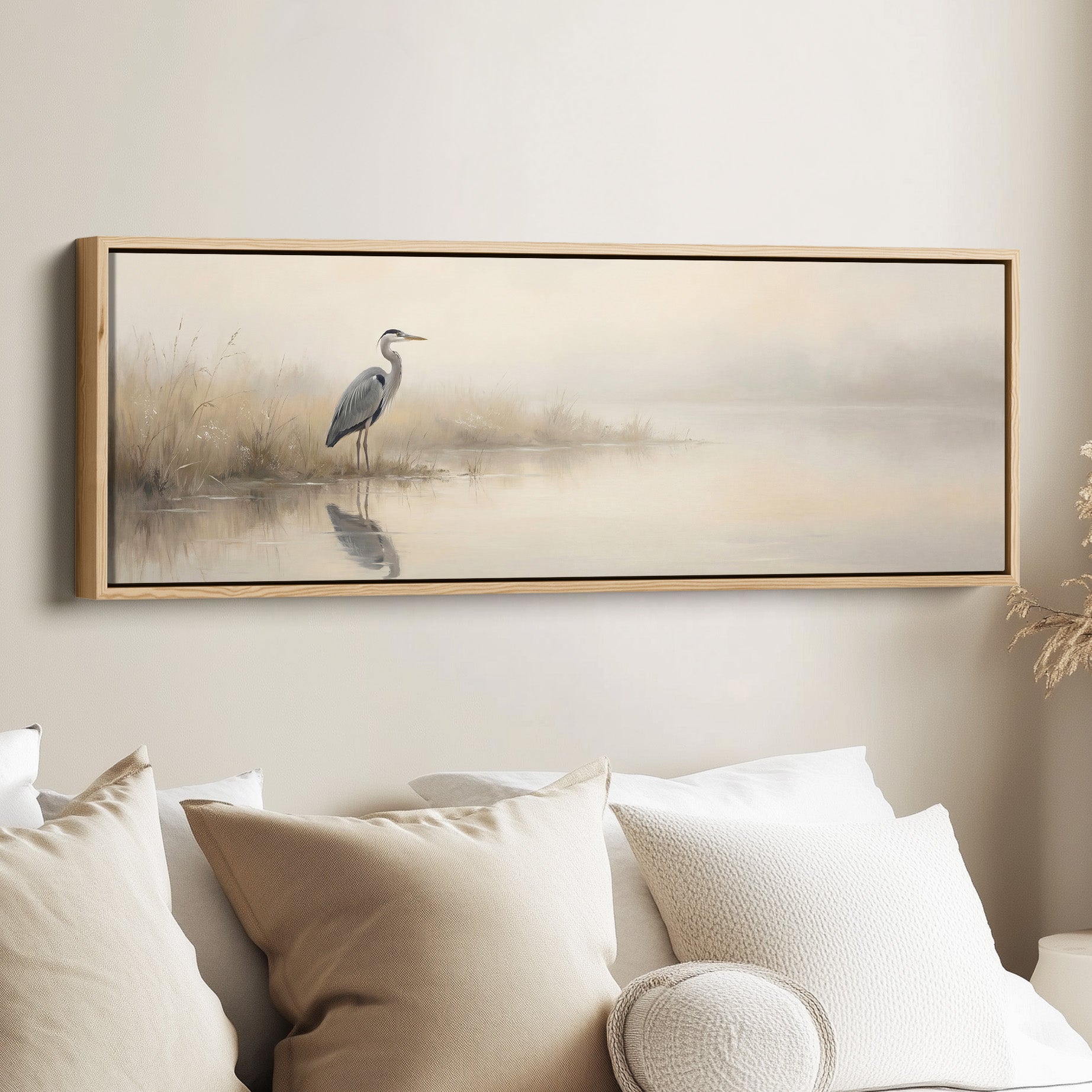 Heron In Foggy Water Wide Framed Canvas Extra Wide Canvas Bedroom