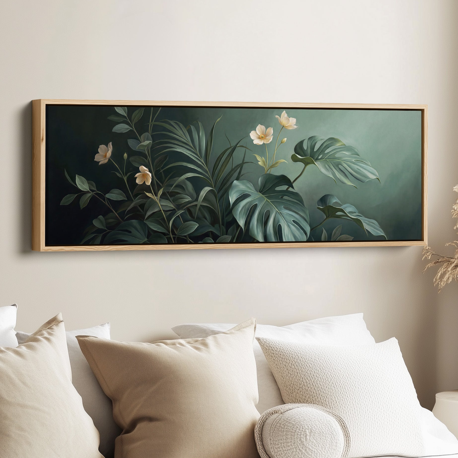 Tropical Leaves with White Flowers Horizontal Canvas Wall Art Statement Decor for Bedroom