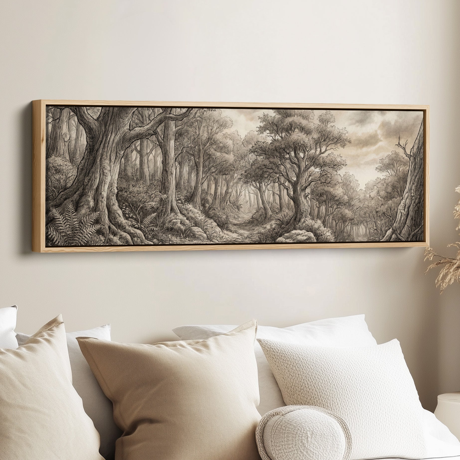 Forest Pencil Sketch Scene Panoramic Wall Art Statement Wall Decor Office