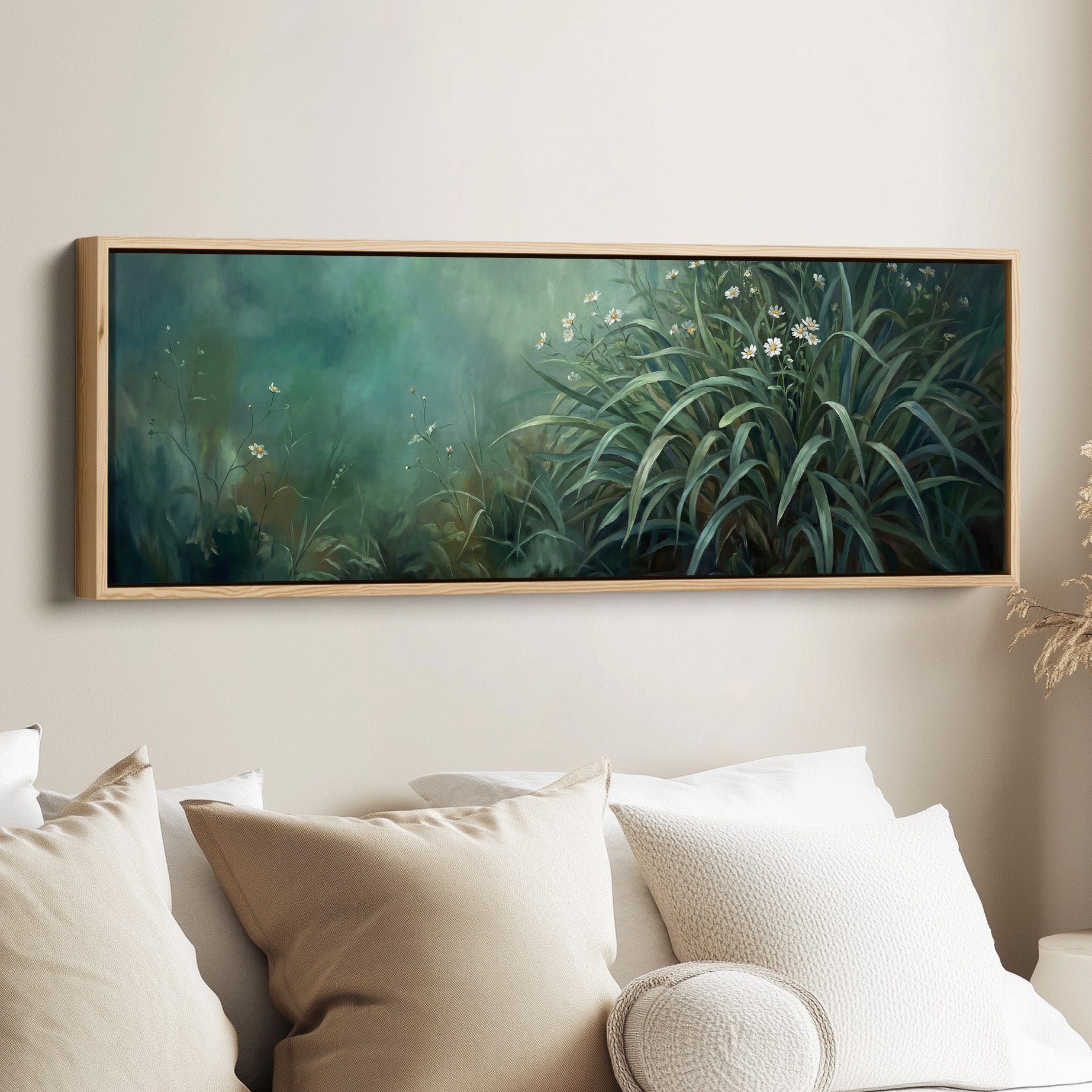 Wild Grass With White Flowers Wide Framed Canvas Extra Wide Canvas Bedroom