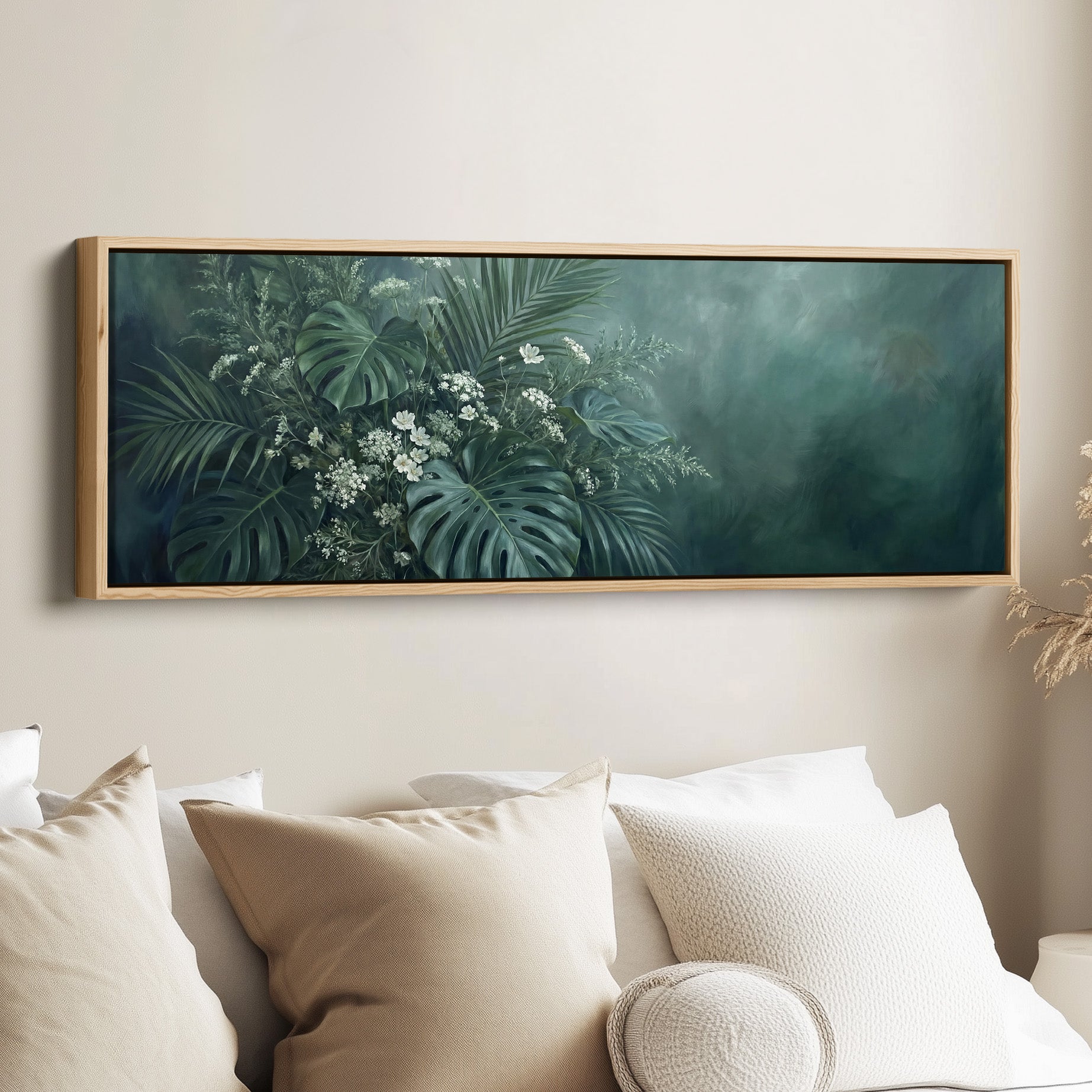 Tropical Leaves With White Flowers Horizontal Wall Art Statement Wall Decor Bedroom