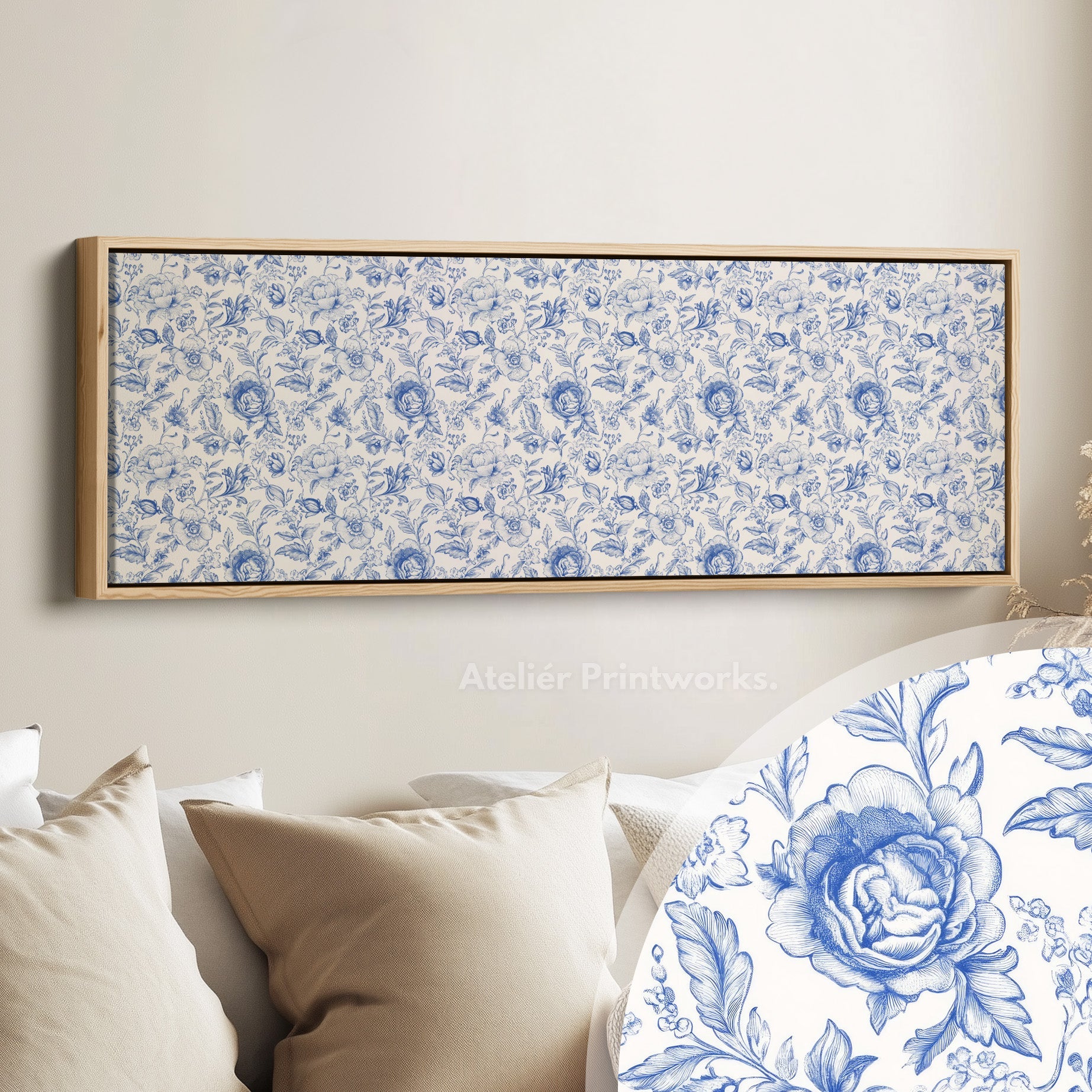 Blue Floral Panoramic Above Bed Wall Art