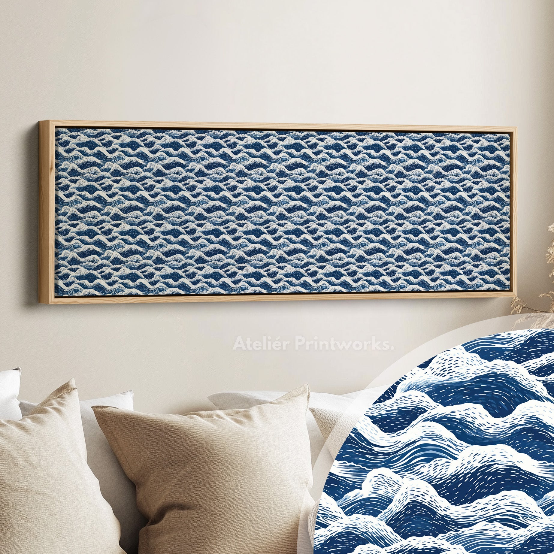 Horizontal Wall Art Long Blue Japandi Style Wave