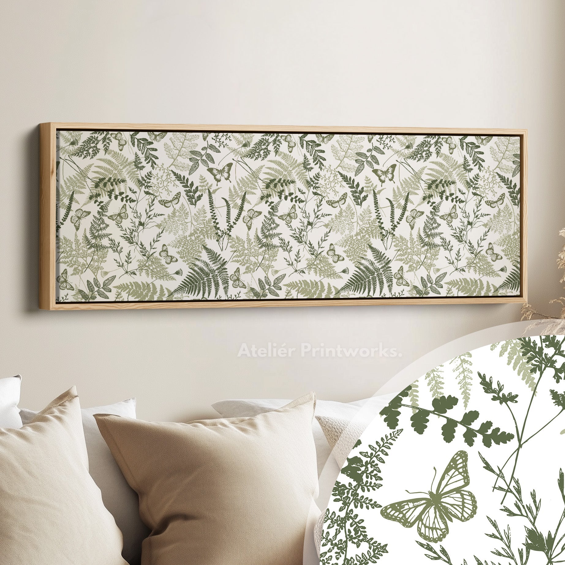 Cottagecore Sage Green Botanical Long Horizontal Wall Art