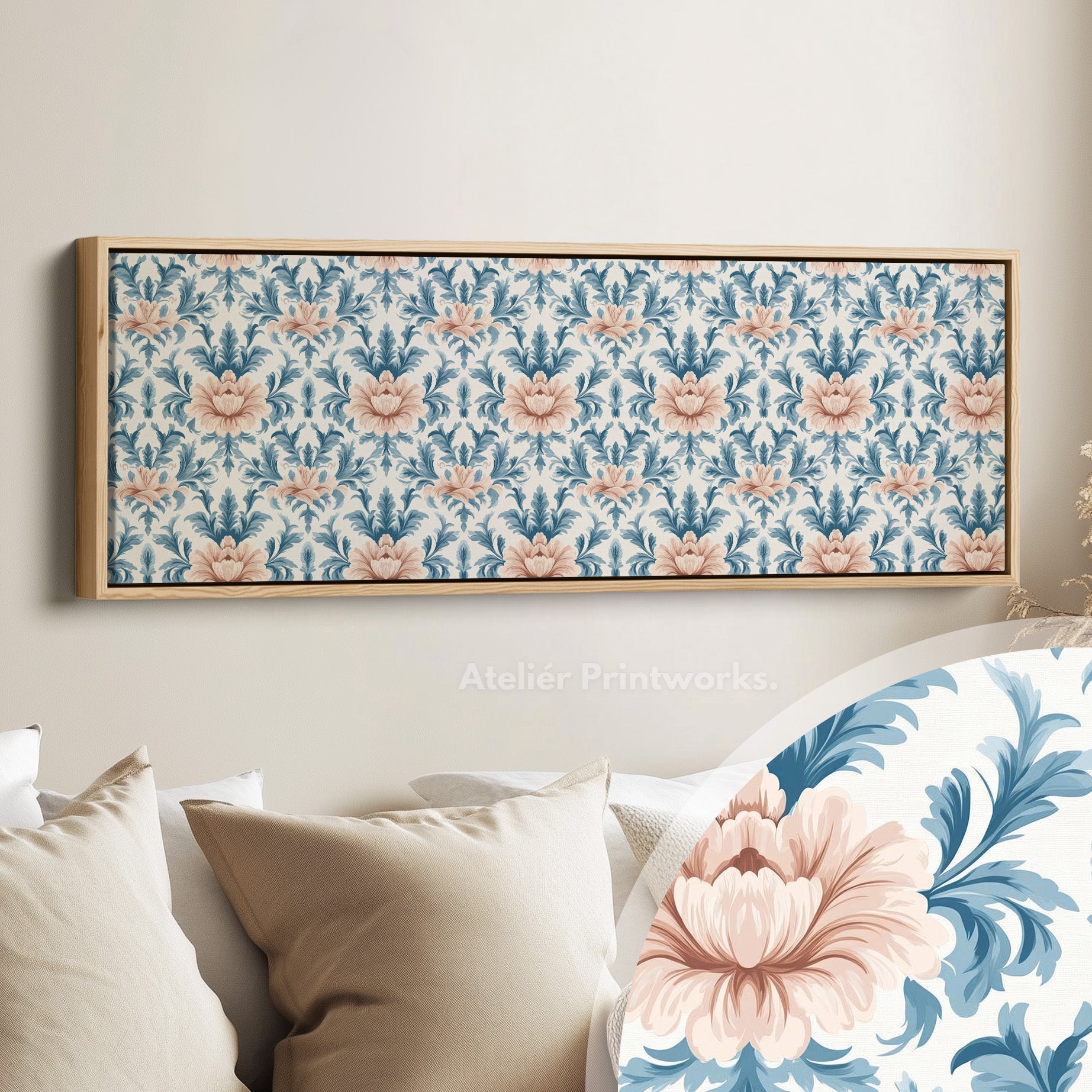 Long Narrow Wall Art Blue Damask