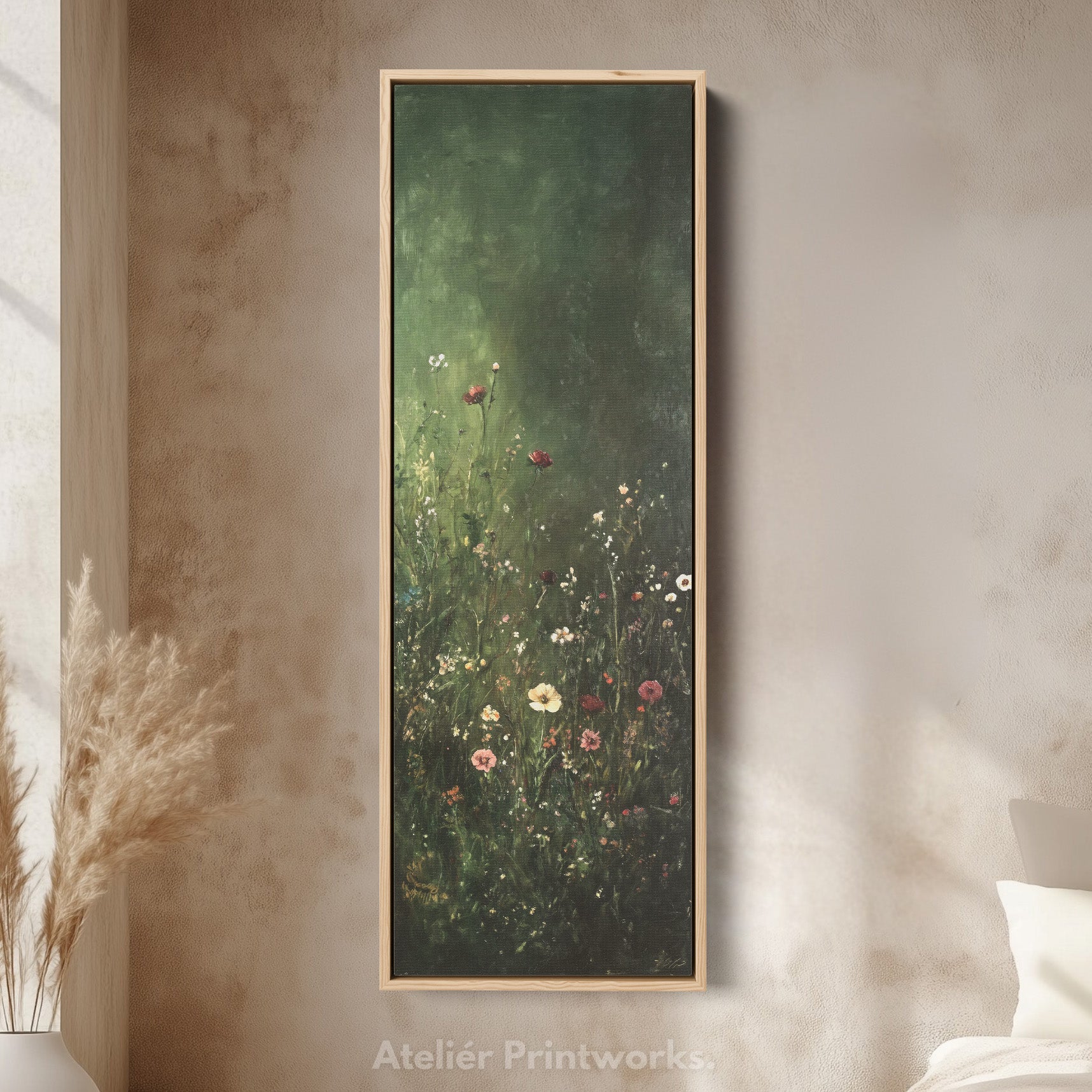 Vintage Wild Flowers Dark Green Vertical Wall Art - Tall Long Narrow Vertical Wall Decor