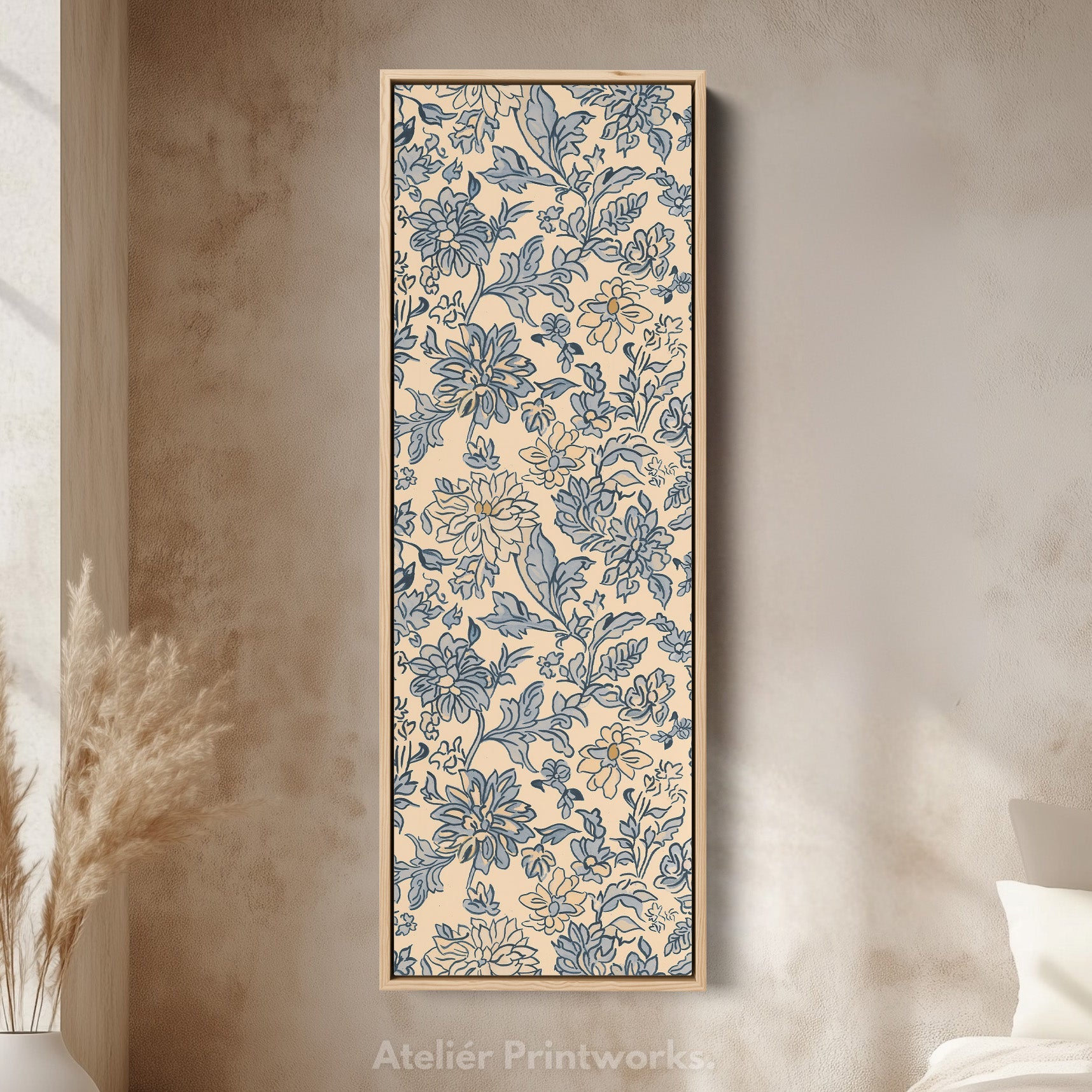 Vintage Beige & Blue Floral Vertical Long Wall Decor