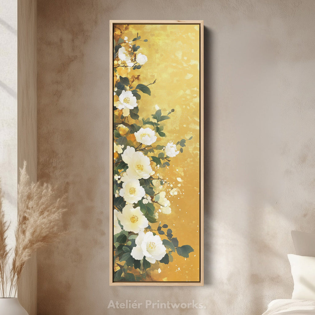 Vertical White & Gold Floral Long Framed Canvas Decor