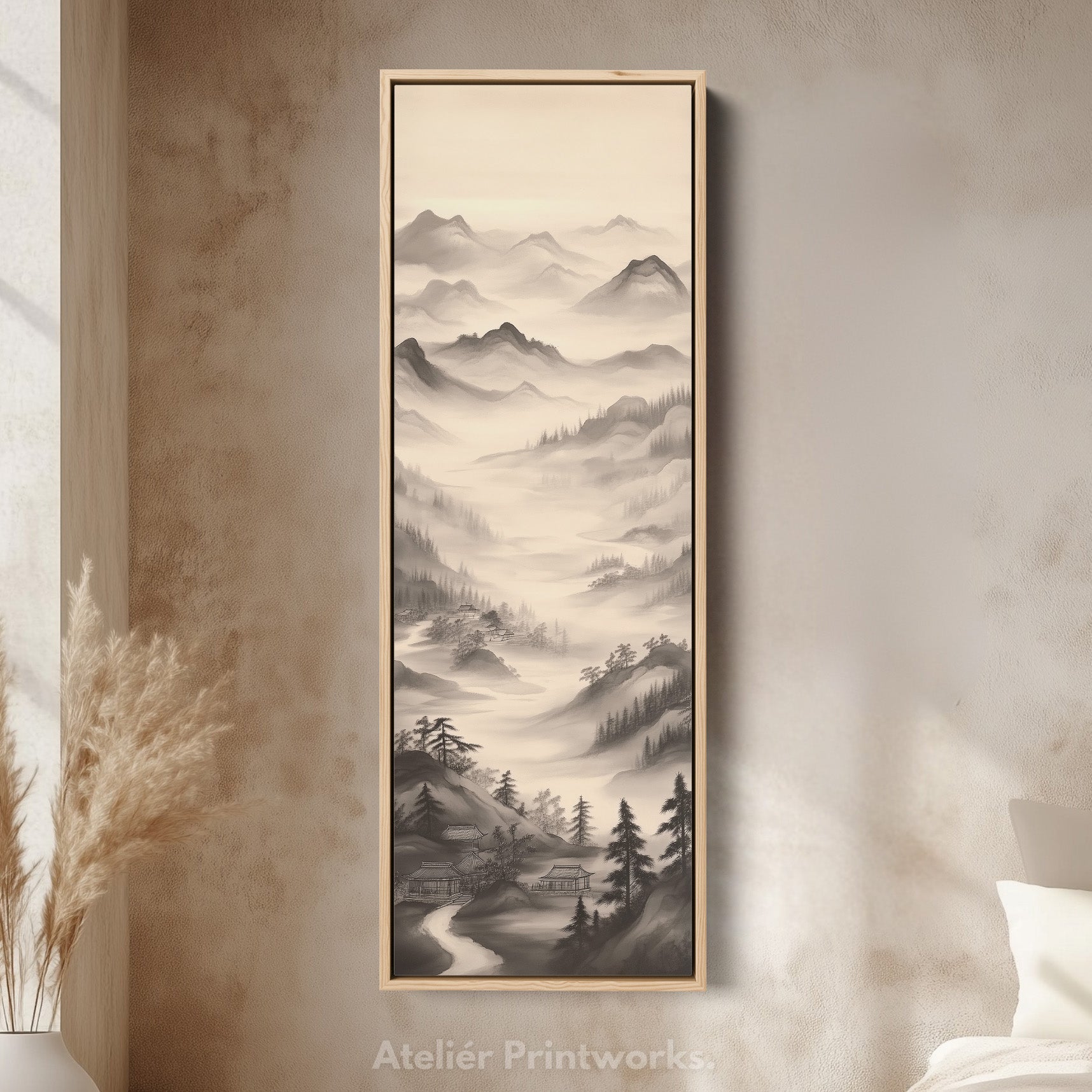 Vertical Chinese Landscape Painting Long Framed Canvas Decor