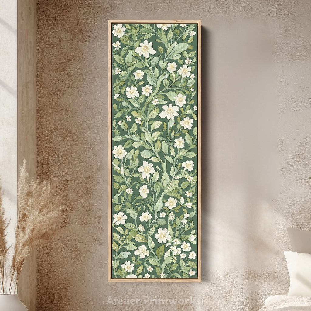 Framed Canvas Narrow Vertical White & Green Floral