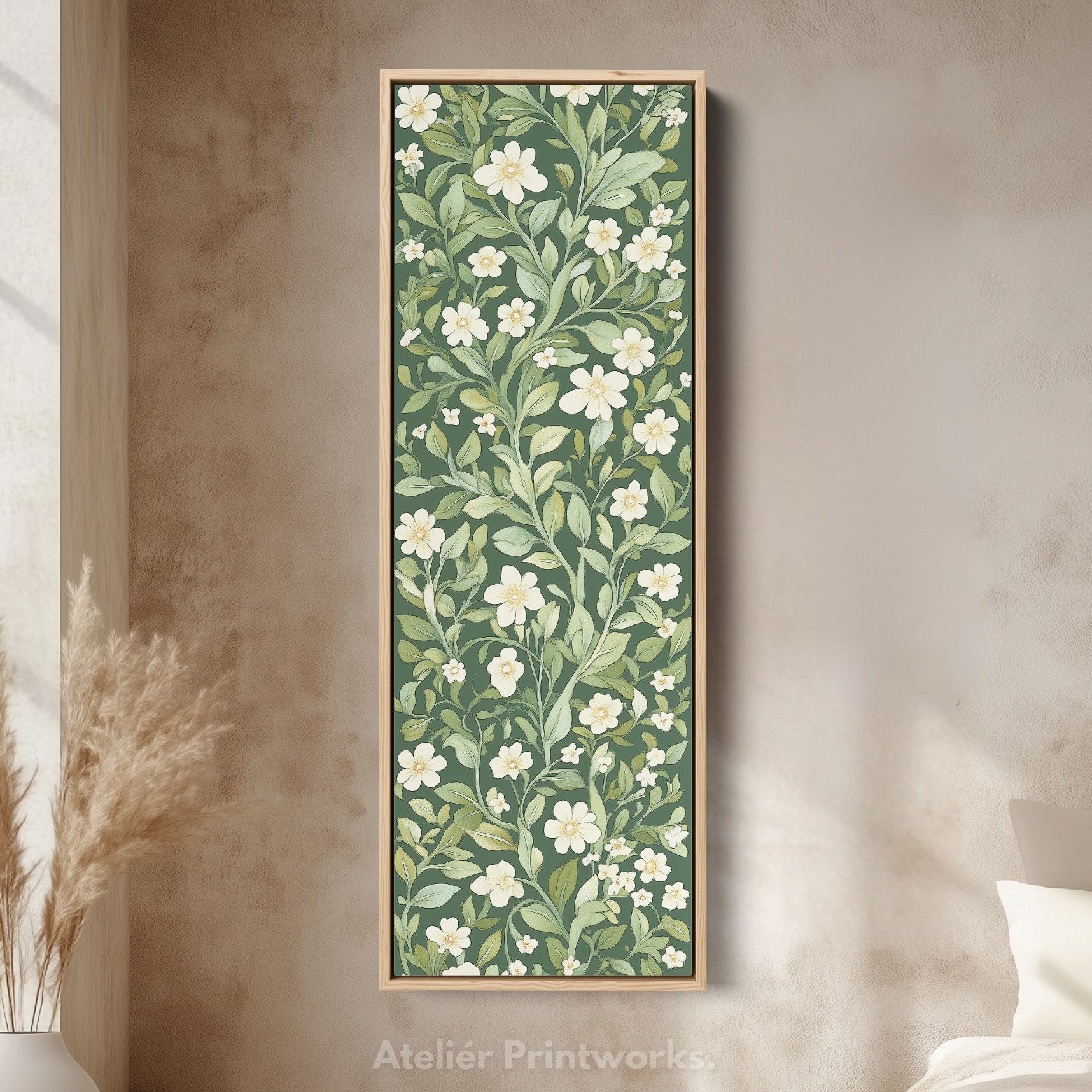 Framed Canvas Narrow Vertical White & Green Floral