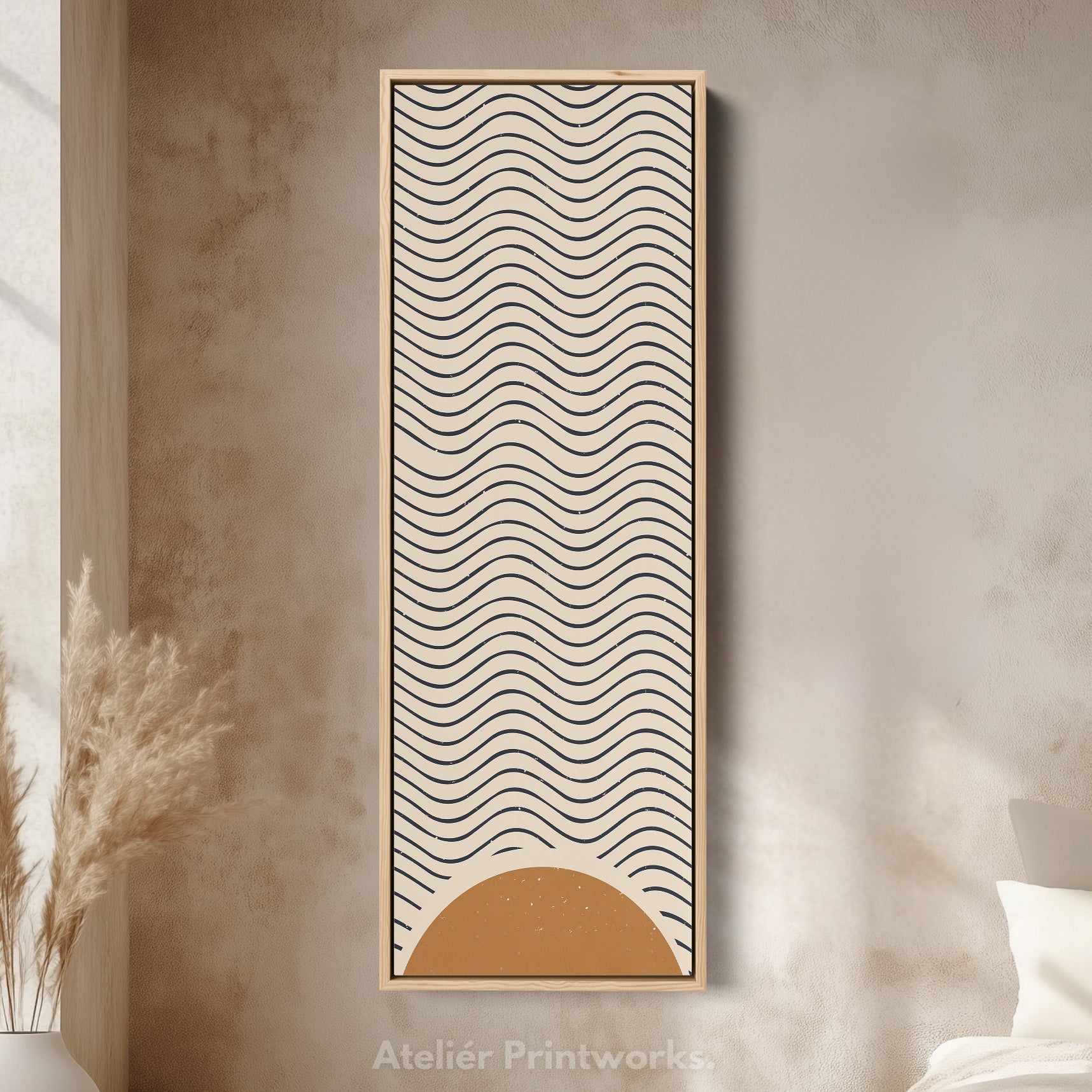 Minimalist Sunrise Waves Long Framed Canvas Wall Art for Hallway or Meditation Space